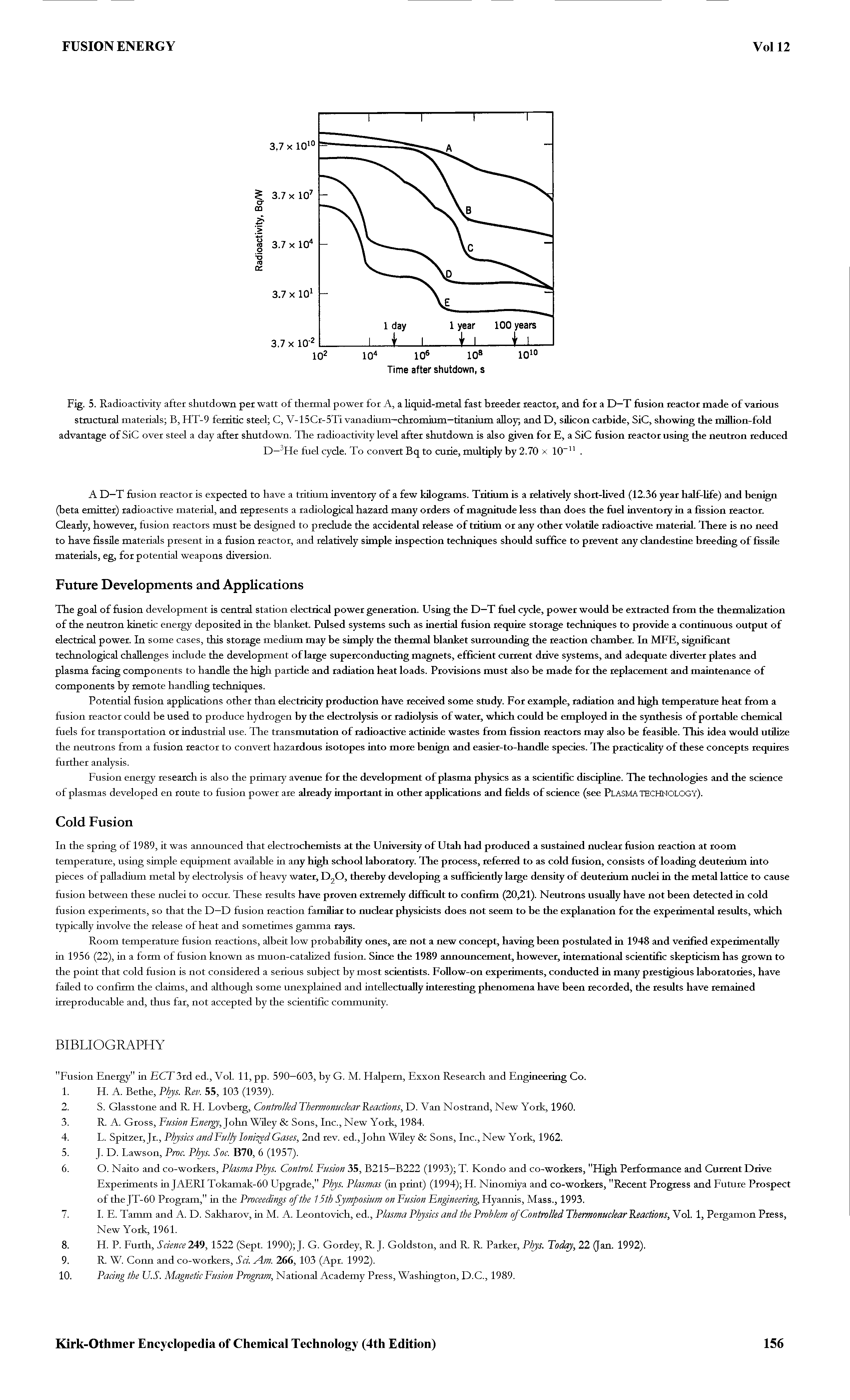 Fig. 5. Radioactivity after shutdown per watt of thermal power for A, a liquid-metal fast breeder reactor, and for a D—T fusion reactor made of various structural materials B, HT-9 ferritic steel C, V-15Cr-5Ti vanadium—chromium—titanium alloy and D, silicon carbide, SiC, showing the million-fold advantage of SiC over steel a day after shutdown. The radioactivity level after shutdown is also given for E, a SiC fusion reactor using the neutron reduced...