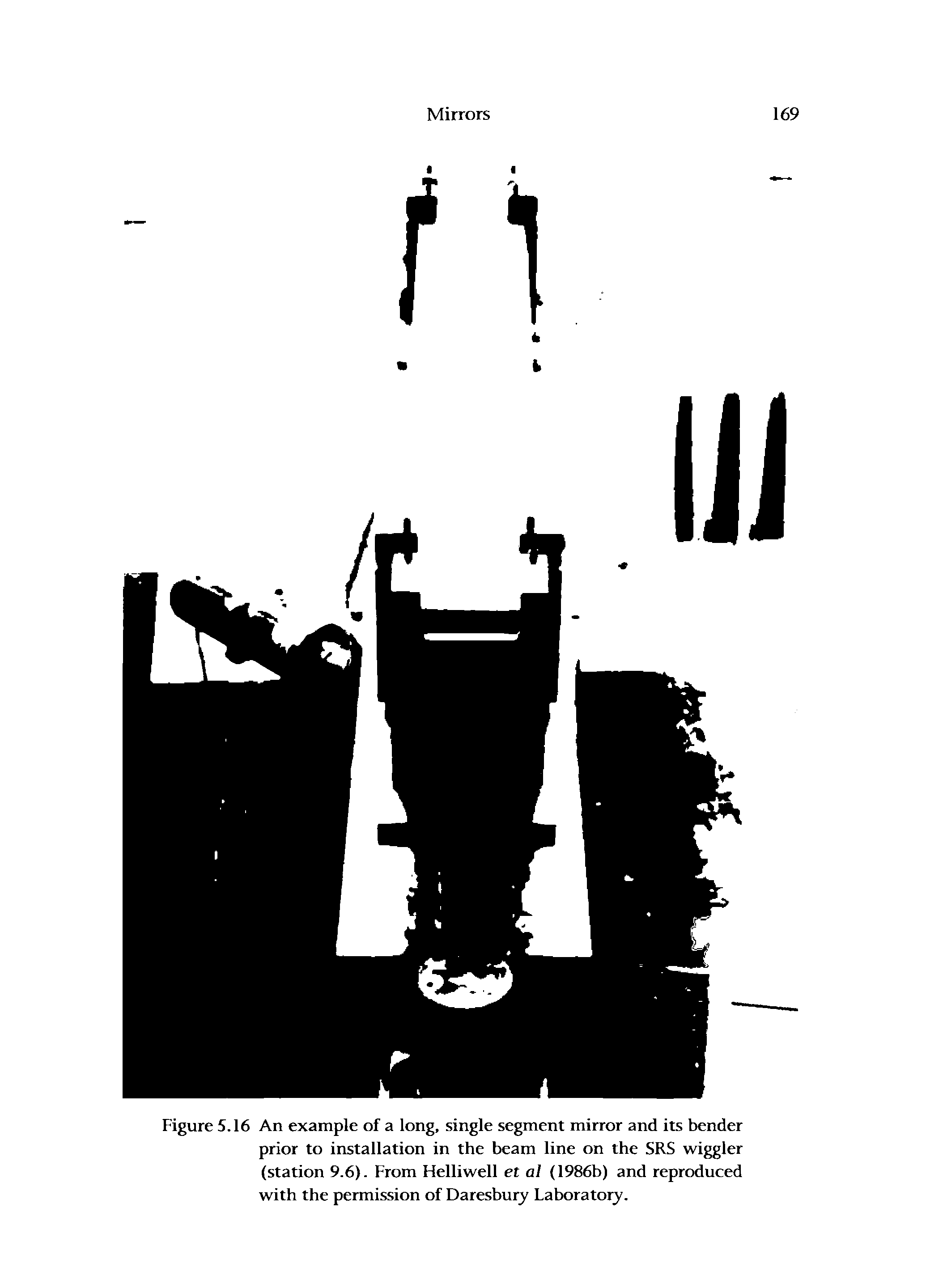 Figure 5.16 An example of a long, single segment mirror and its bender prior to installation in the beam line on the SRS wiggler (station 9.6). From Helliwell et al (1986b) and reproduced with the permission of Daresbury Laboratory.