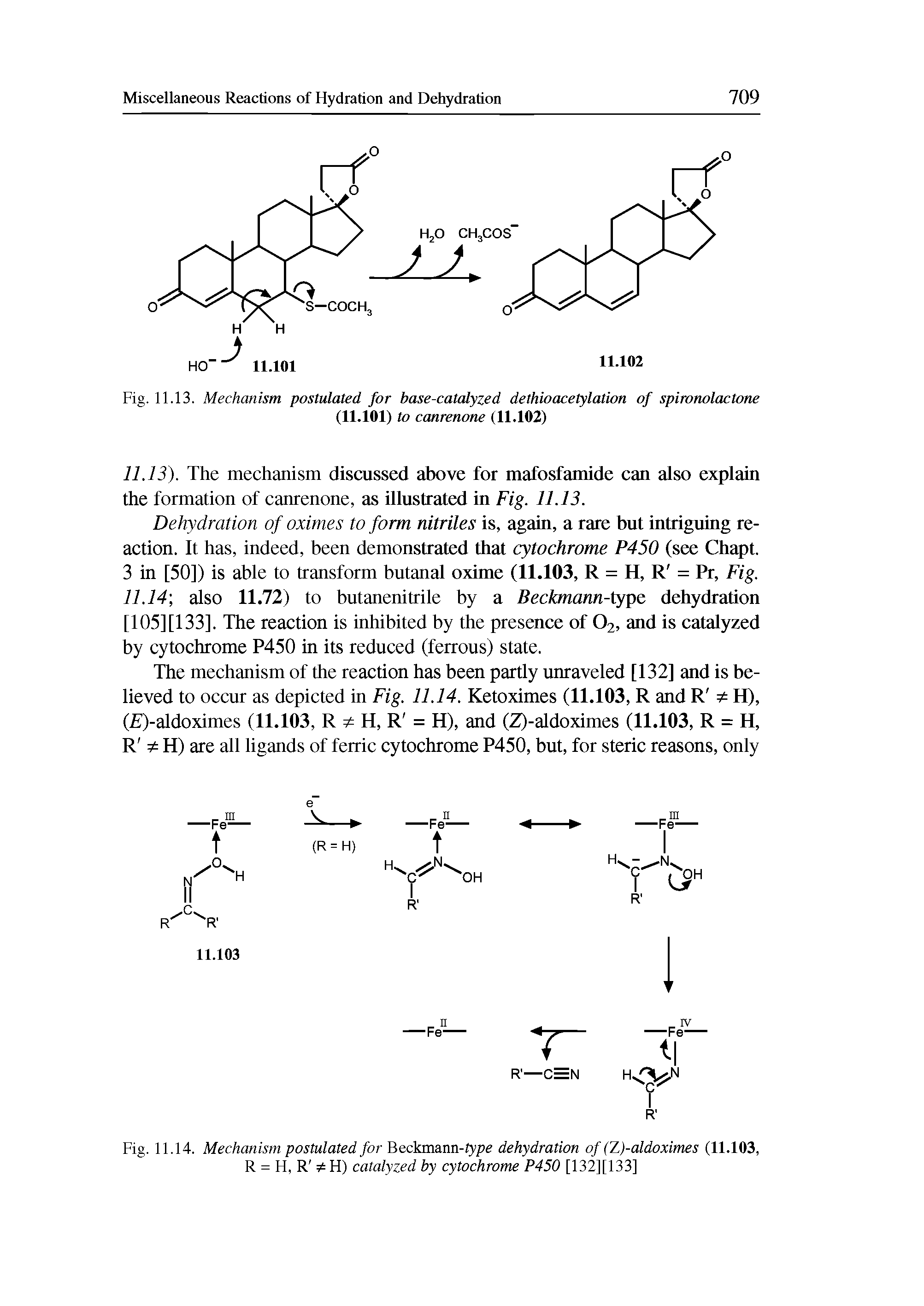 Fig. 11.14. Mechanism postulated for Beckmann-fype dehydration of (Z)-aldoximes (11.103, R = H, R H) catalyzed by cytochrome P450 [132][133]...