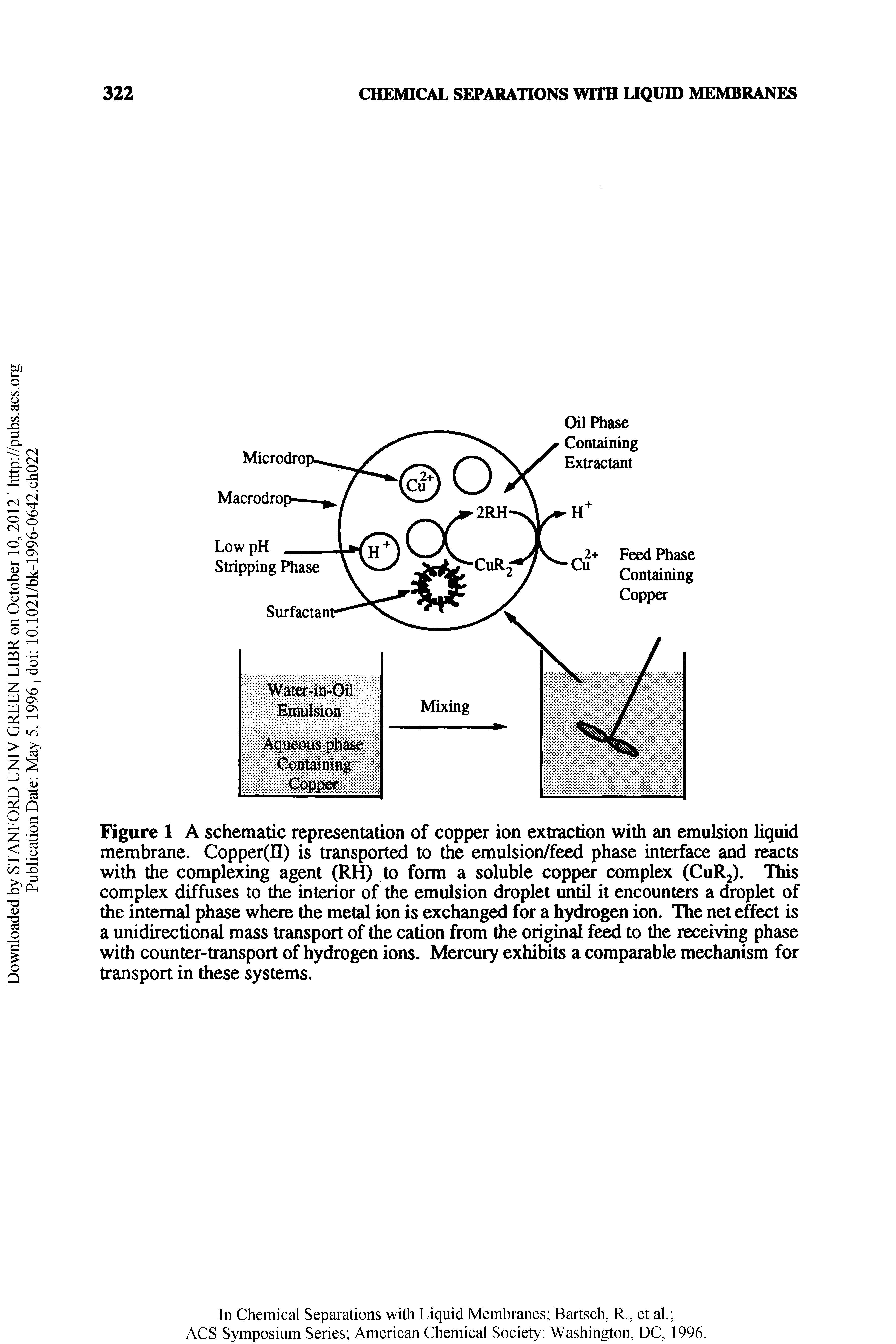 Figure 1 A schematic representation of copper ion extraction with an emulsion liquid membrane. Copper(II) is transported to the emulsion/feed phase interface and reacts with the complexing agent (RH) to form a soluble copper complex (CuRj). This complex diffuses to the interior of the emulsion droplet until it encounters a droplet of the internal phase where the metal ion is exchanged for a hydrogen ion. The net effect is a unidirectional mass transport of the cation from the original fe to the receiving phase with counter-transport of hydrogen ions. Mercury exhibits a comparable mechanism for transport in these systems.