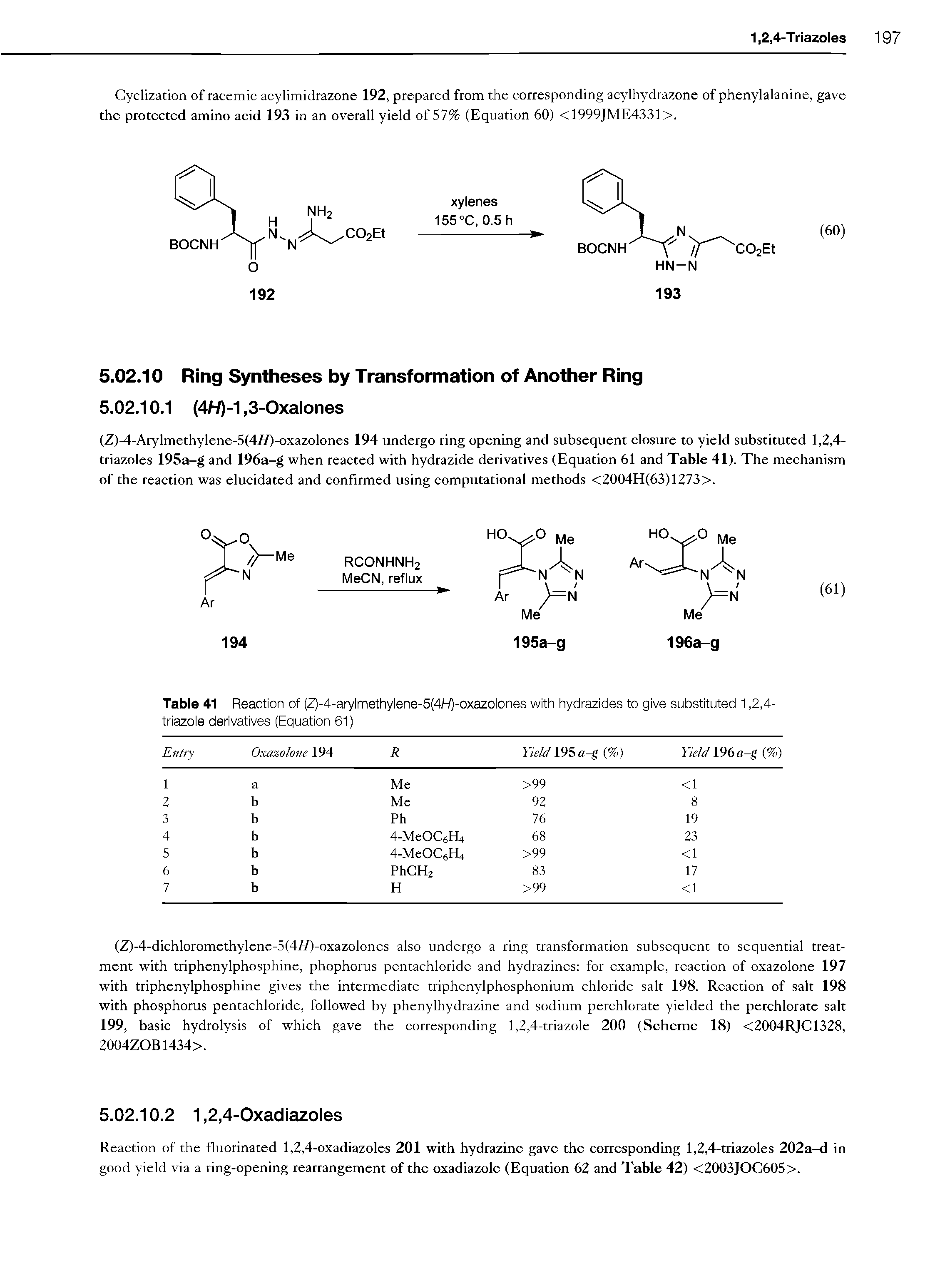 Table 41 Reaction of (Z)-4-arylmethylene-5(4H)-oxazolones with hydrazides to give substituted 1,2,4-triazole derivatives (Equation 61)...