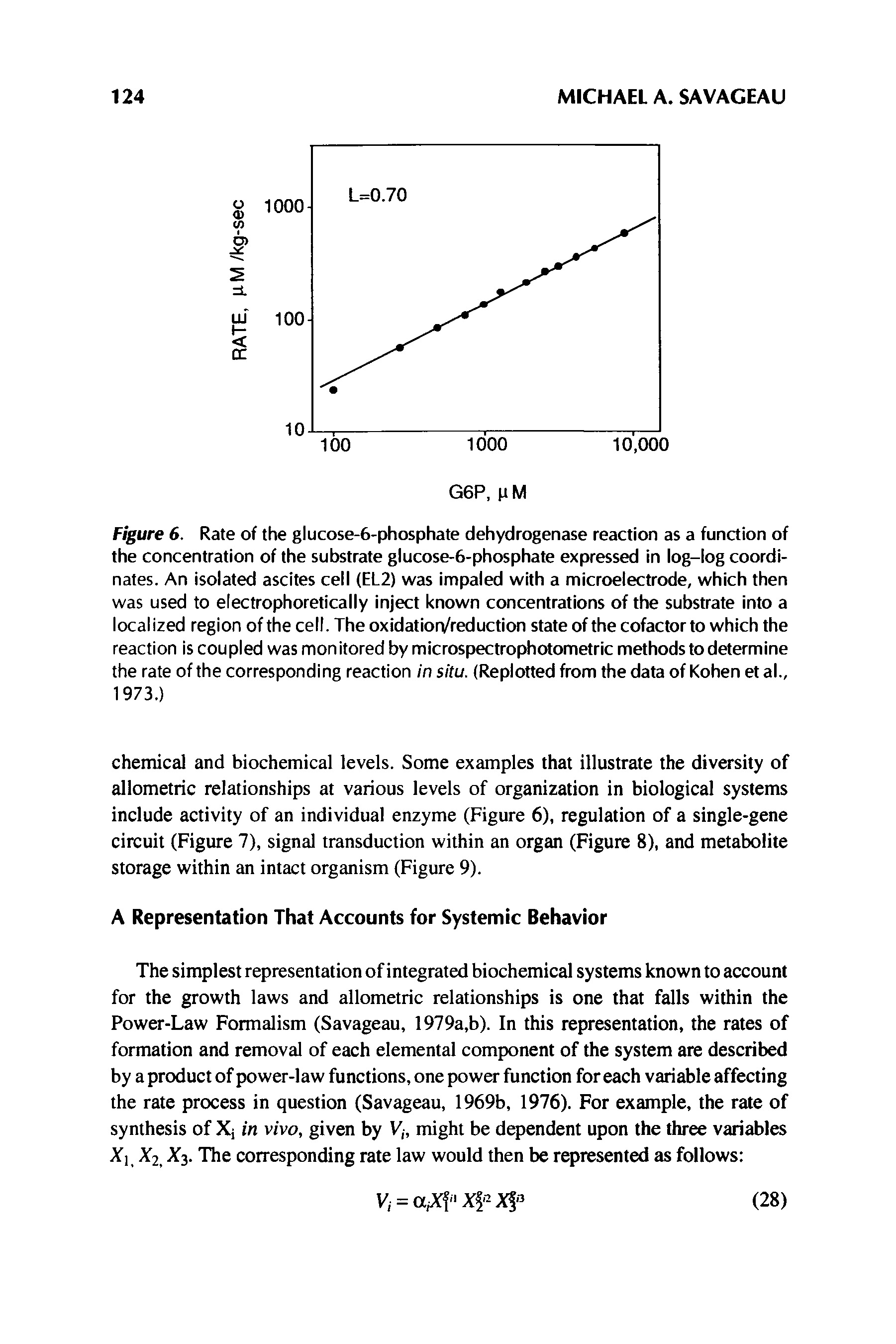 Figure 6. Rate of the glucose-6-phosphate dehydrogenase reaction as a function of the concentration of the substrate glucose-6-phosphate expressed in log-log coordinates. An isolated ascites cell (EL2) was impaled with a microelectrode, which then was used to electrophoretically inject known concentrations of the substrate into a localized region of the cell. The oxidatiorVreduction state of the cofactor to which the reaction is coupled was monitored by microspectrophotometric methods to determine the rate of the corresponding reaction in situ. (Replotted from the data of Kohen et al., 1973.)...