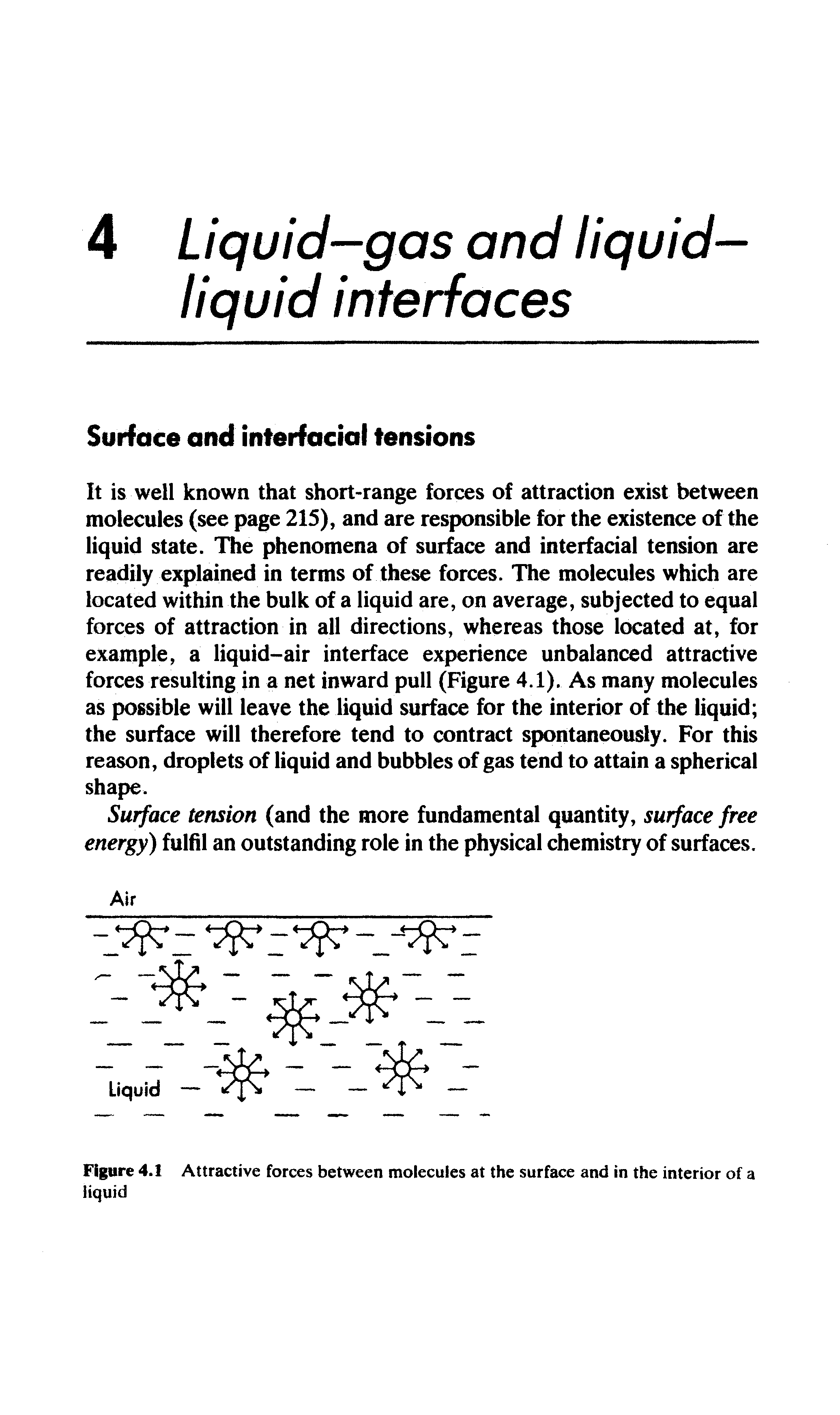 Figure 4.1 Attractive forces between molecules at the surface and in the interior of a liquid...