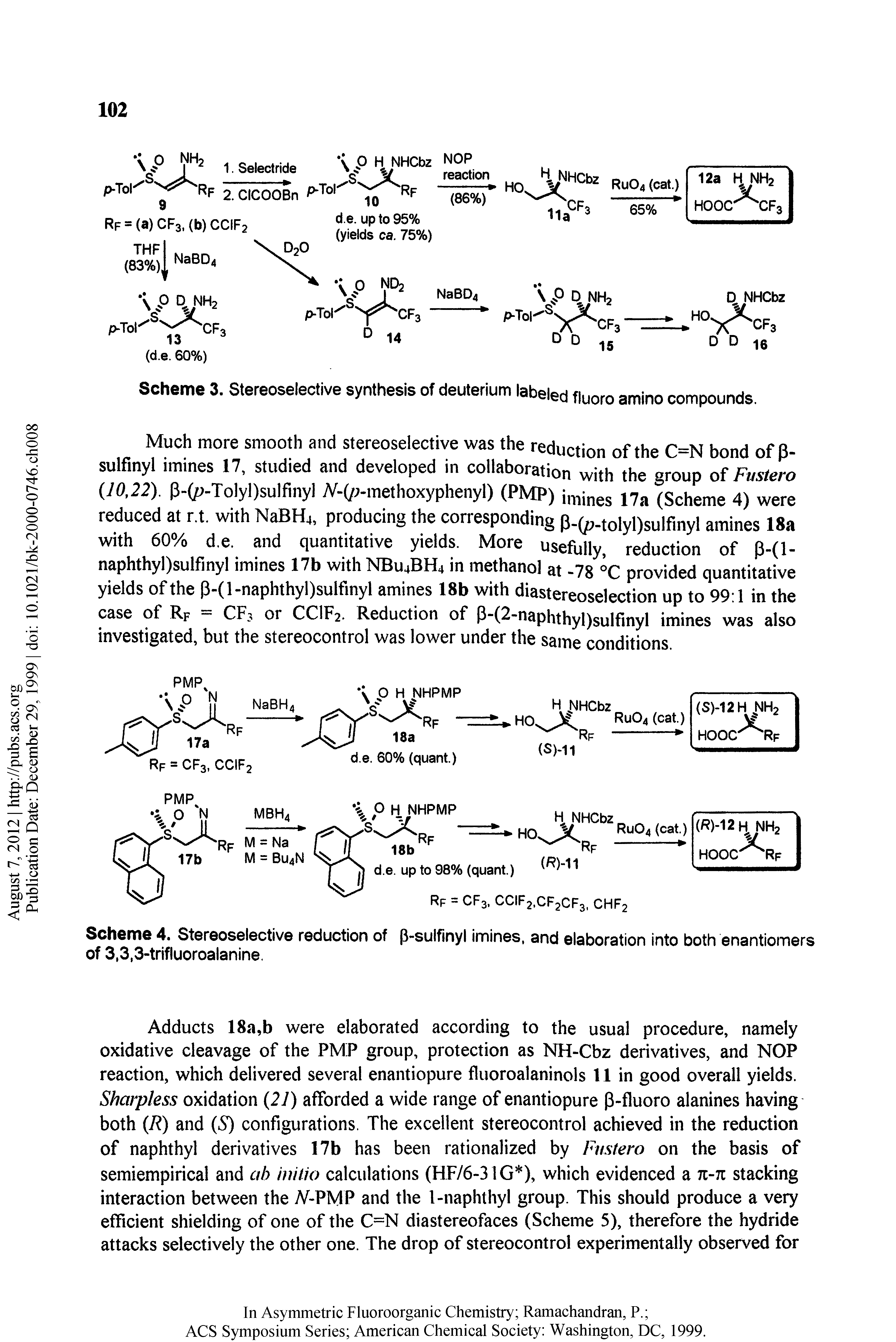Scheme 4. Stereoselective reduction of p-sulfinyl imines, and elaboration into both enantiomers of 3,3,3-trifluoroalanine.