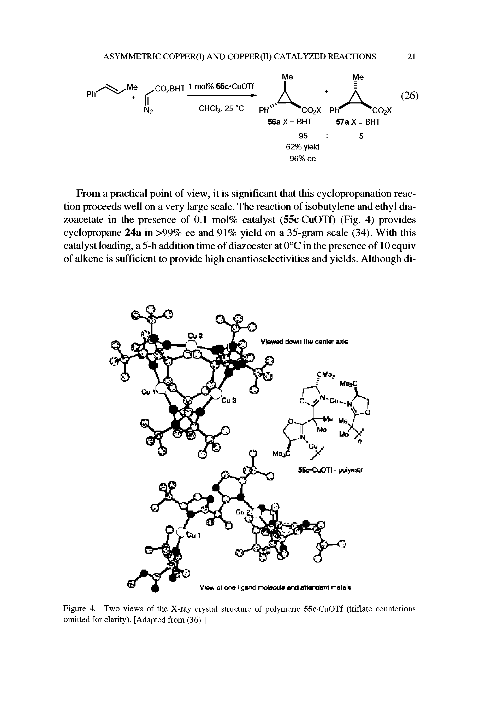 Figure 4. Two views of the X-ray crystal structure of polymeric 55c-CuOTf (triflate counterions omitted for clarity). [Adapted from (36).]...