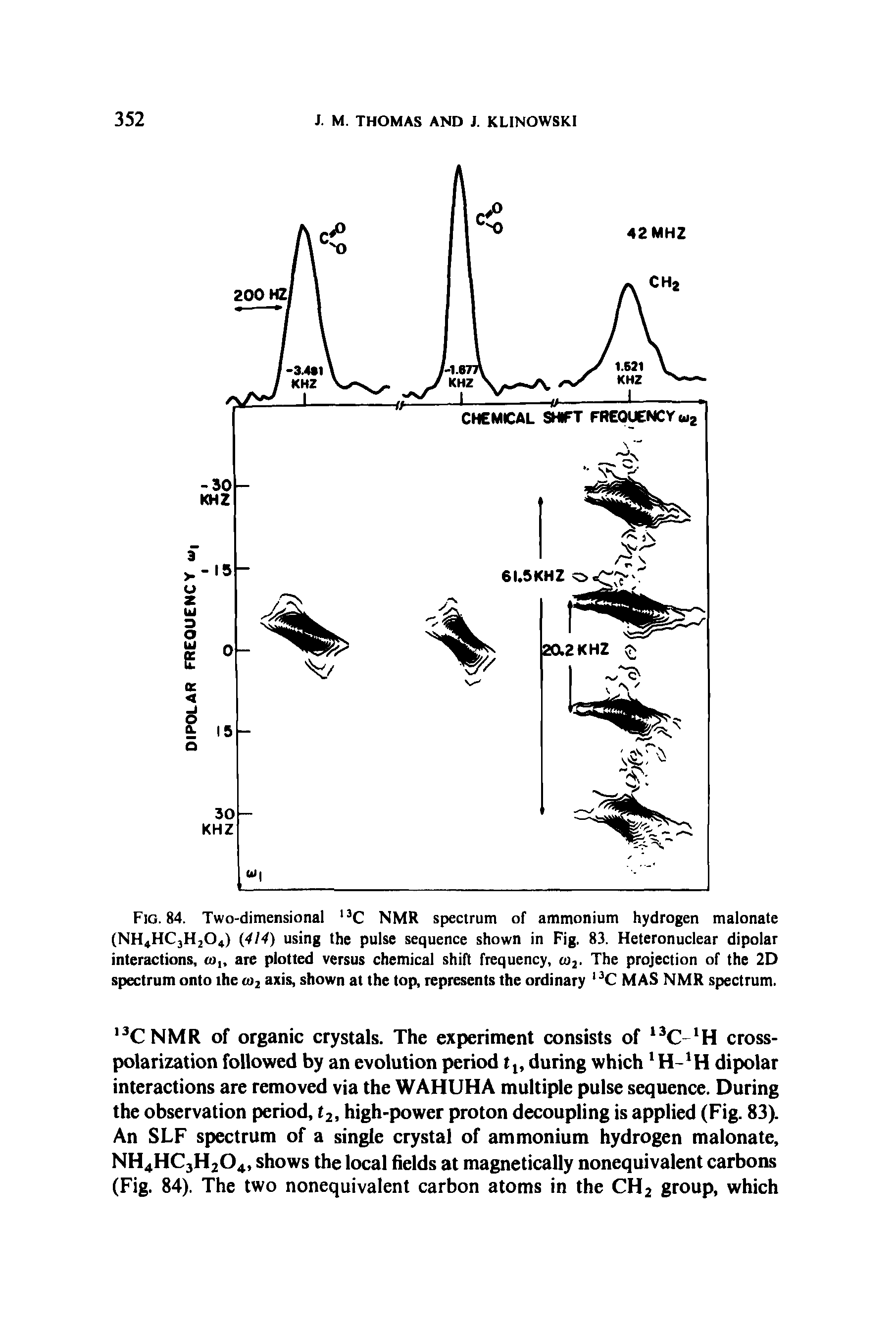 Fig. 84. Two-dimensional 13C NMR spectrum of ammonium hydrogen malonate (NH4HC3H204) (414) using the pulse sequence shown in Fig. 83. Heteronuclear dipolar interactions, to are plotted versus chemical shift frequency, to2. The projection of the 2D spectrum onto the <o2 axis, shown at the top, represents the ordinary, 3C MAS NMR spectrum.