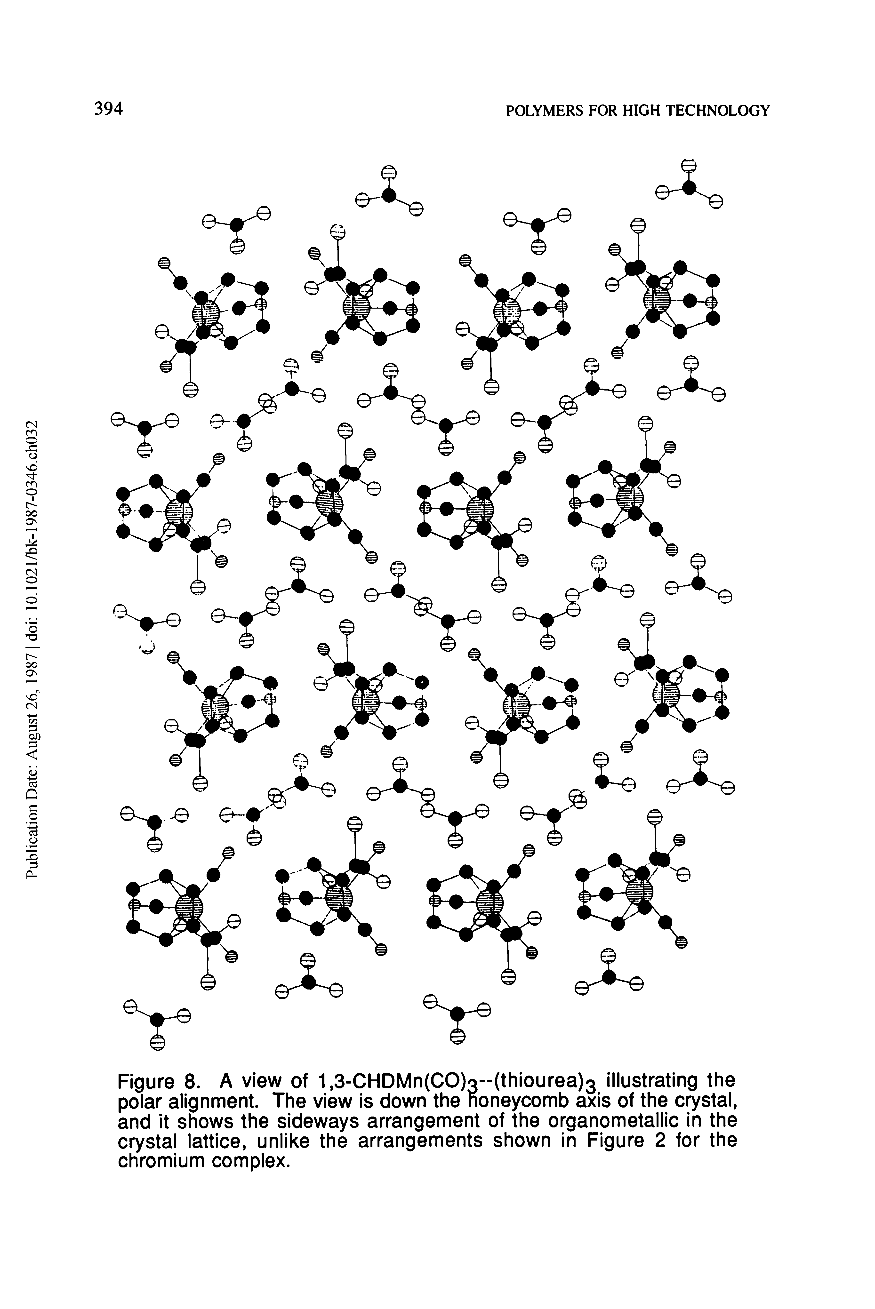 Figure 8. A view of 1,3-CHDMn(CO)3--(thiourea)3 illustrating the polar alignment. The view is down the honeycomb axis of the C 7Stal, and it shows the sideways arrangement of the organometallic in the crystal lattice, unlike the arrangements shown in Figure 2 for the chromium complex.