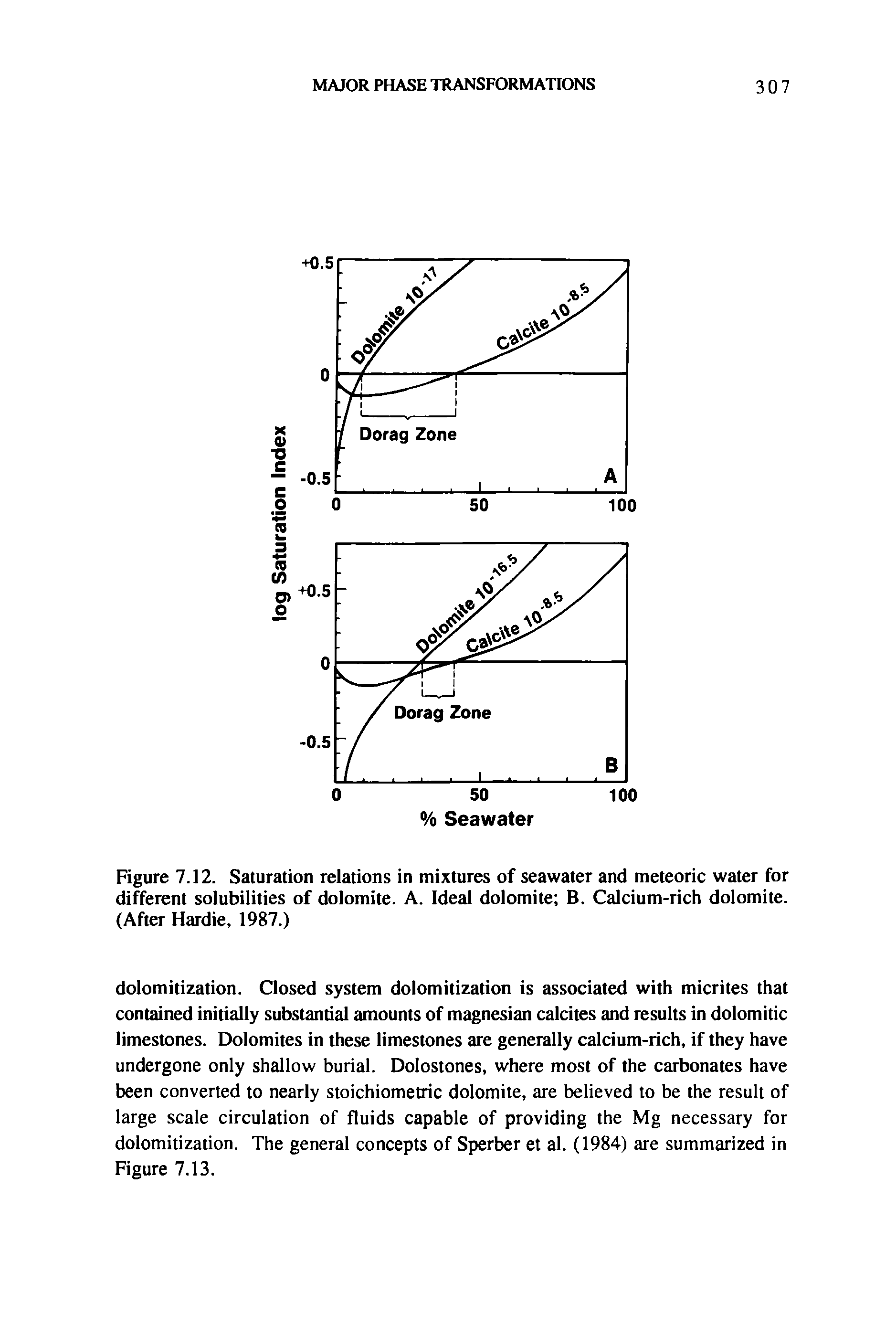 Figure 7.12. Saturation relations in mixtures of seawater and meteoric water for different solubilities of dolomite. A. Ideal dolomite B. Calcium-rich dolomite. (After Hardie, 1987.)...