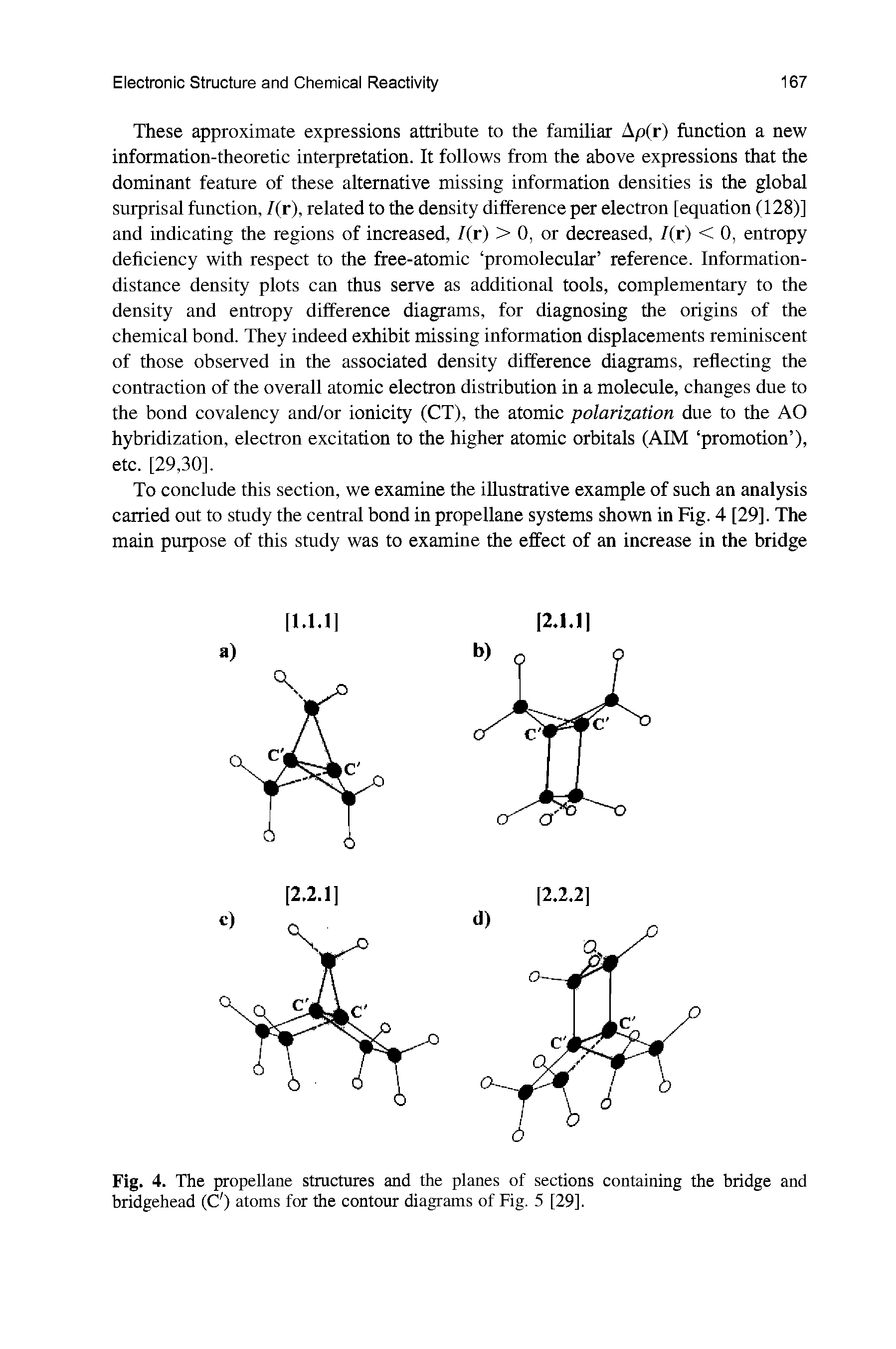 Fig. 4. The propellane structures and the planes of sections containing the bridge and bridgehead (C ) atoms for the contour diagrams of Fig. 5 [29].