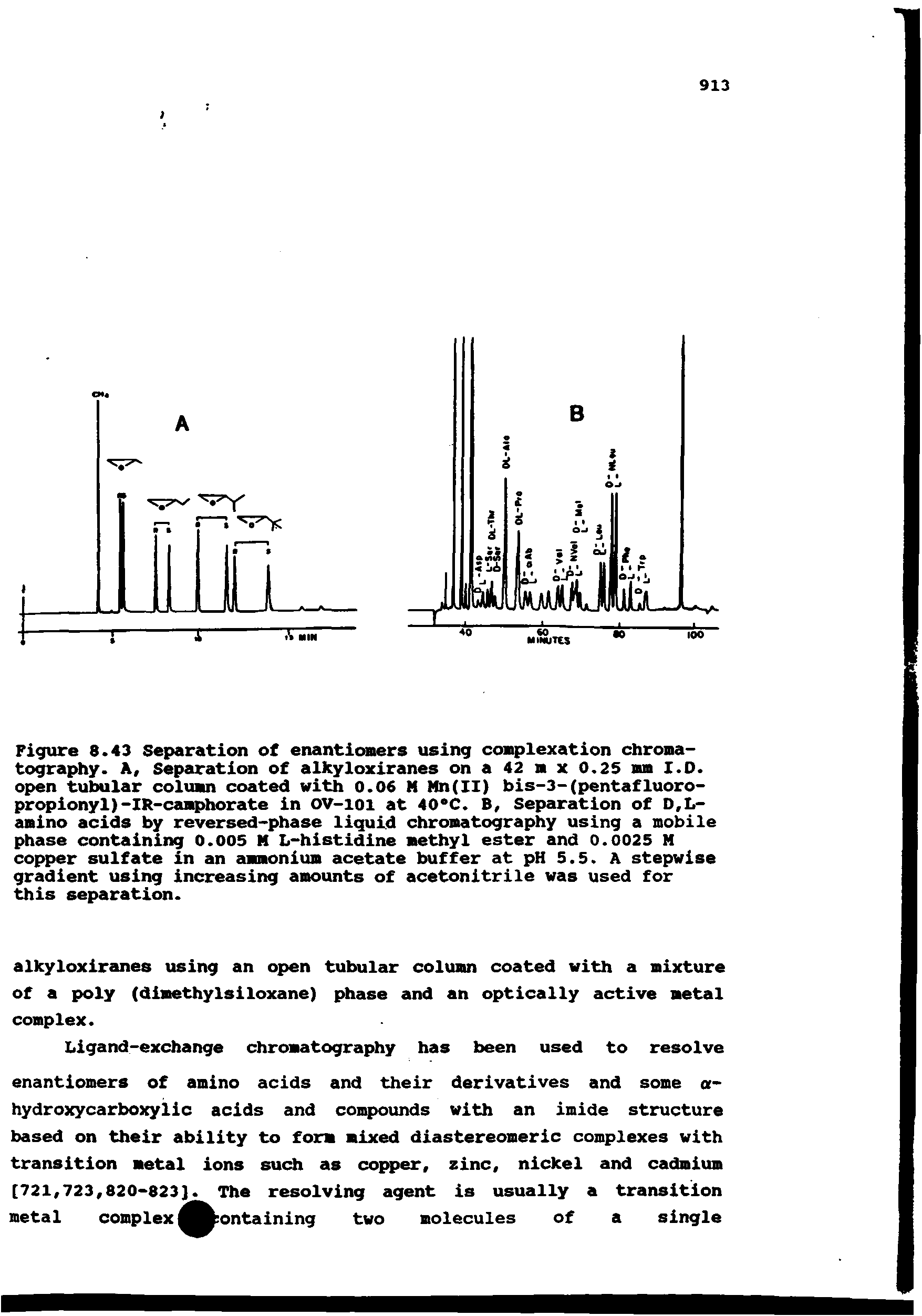 Figure 8.43 Separation of enantiomers using complexation chromatography. A, Separation of alkyloxiranes on a 42 m x 0.2S mm I.O. open tubular column coated with 0.06 M Mn(II) bis-3-(pentafluoro-propionyl)-IR-camphorate in OV-ioi at 40 C. B, Separation of D,L-amino acids by reversed-phase liquid chromatography using a mobile phase containing 0.005 M L-histidine methyl ester and 0.0025 M copper sulfate in an ammonium acetate buffer at pH 5.5. A stepwise gradient using increasing amounts of acetonitrile was used for this separation.