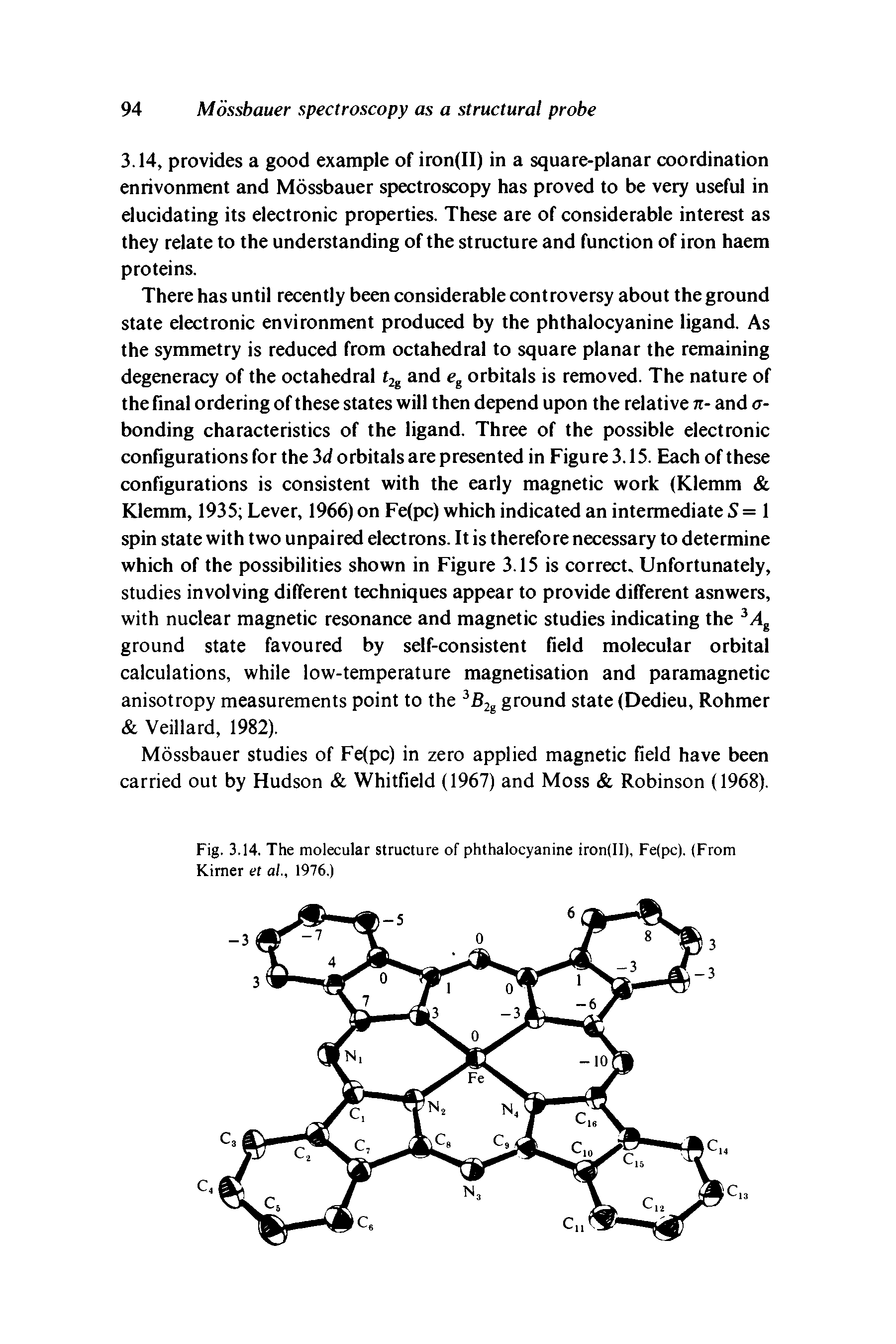 Fig. 3.14. The molecular structure of phthalocyanine iron(II), Fe(pc). (From Kirner et al., 1976.)...