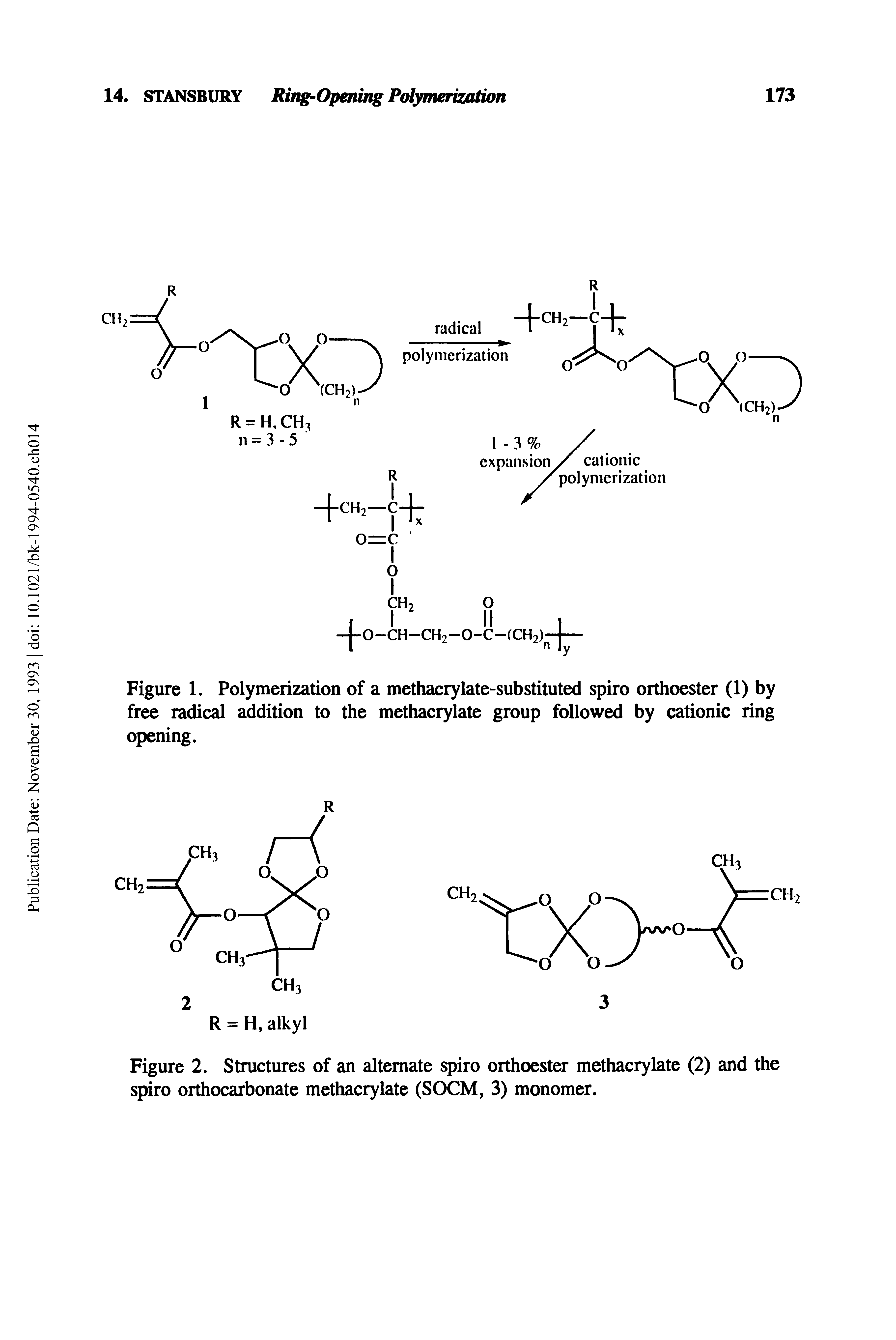 Figure 1. Polymerization of a methacrylate-substituted spiro orthoester (1) by free radical addition to the methacrylate group followed by cationic ring opening.