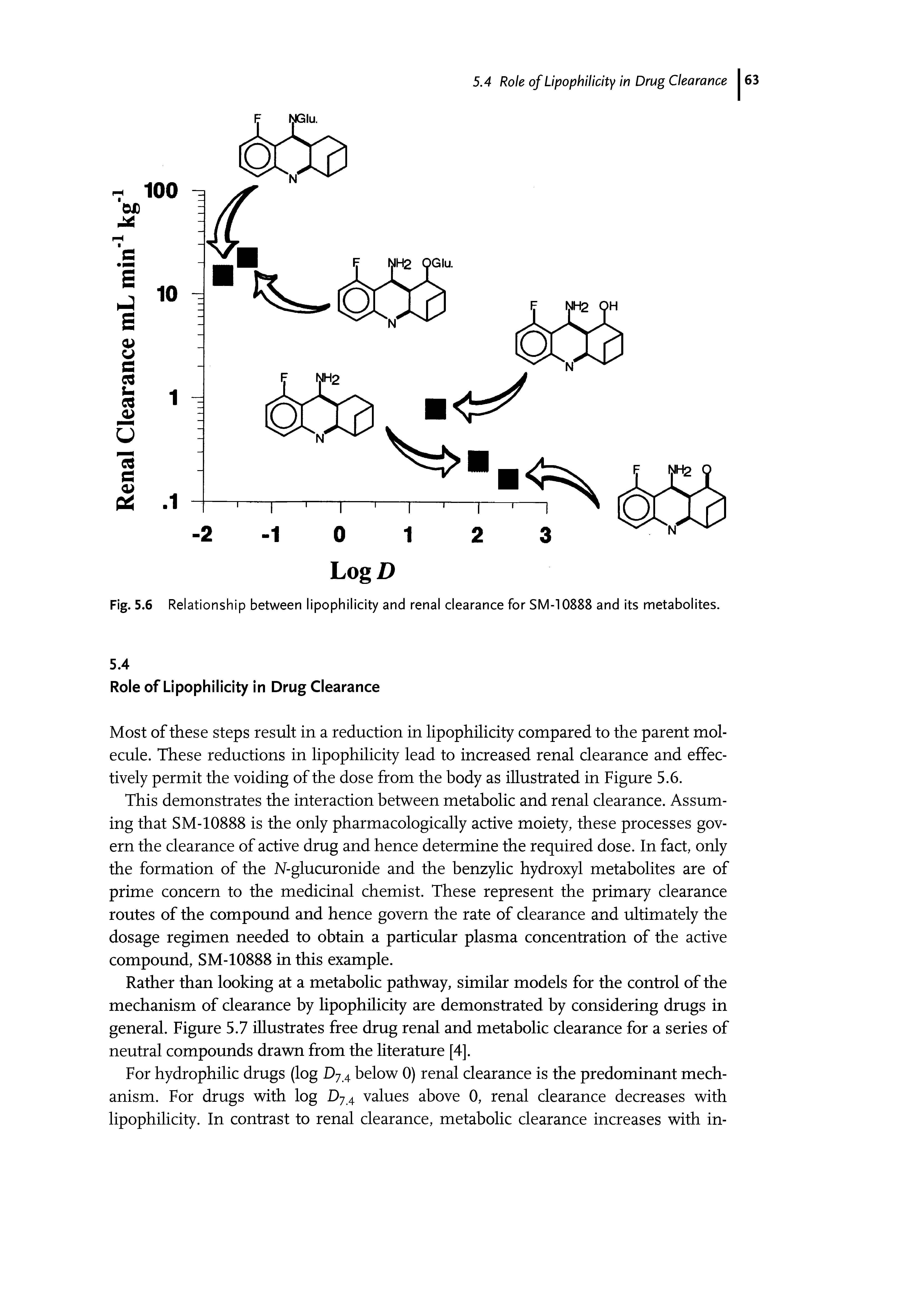 Fig. 5.6 Relationship between lipophilicity and renal clearance for SM-10888 and its metabolites.