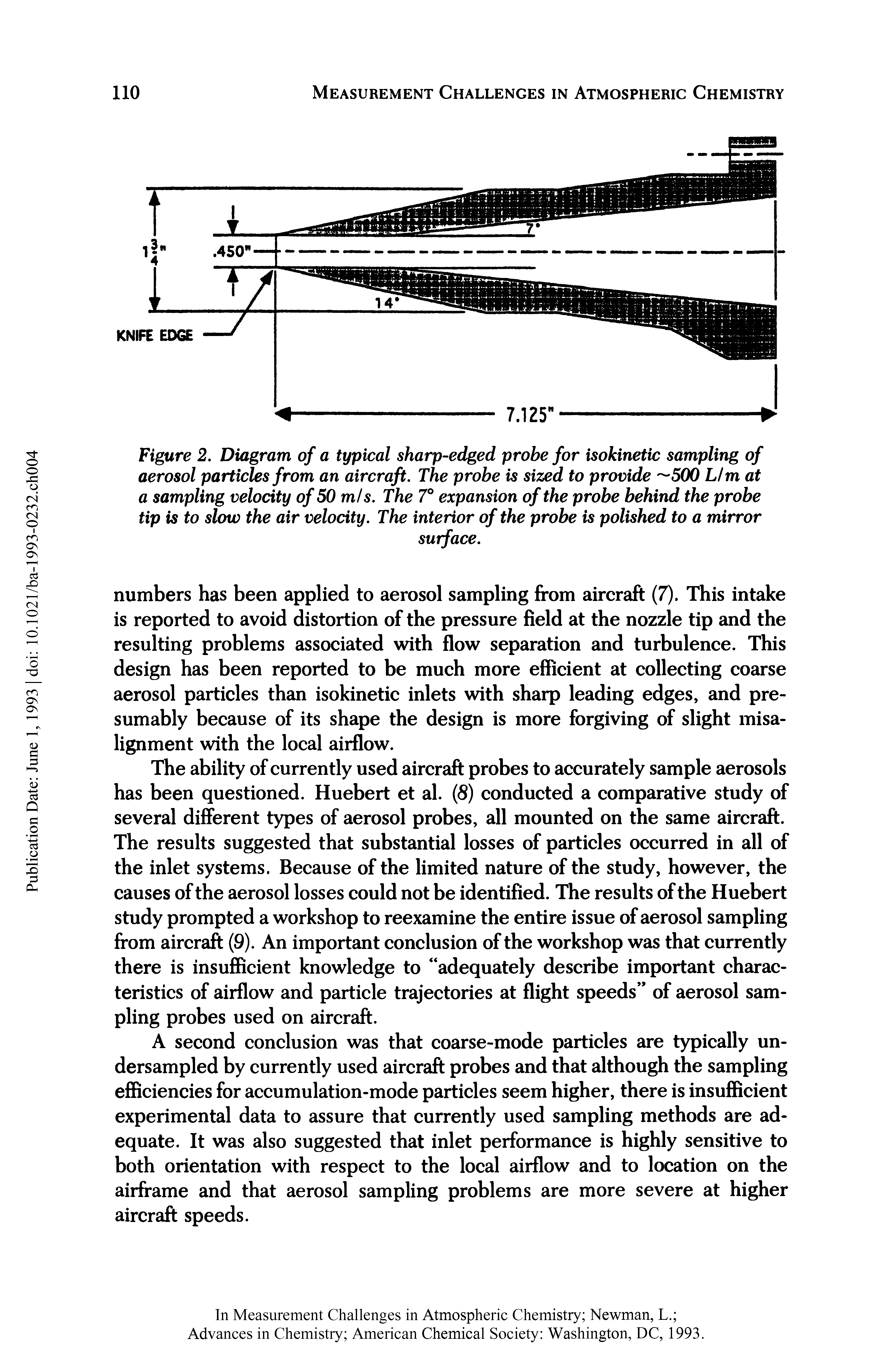 Figure 2. Diagram of a typical sharp-edged probe for isokinetic sampling of aerosol particles from an aircraft. The probe is sized to provide 500 L/m at a sampling velocity of 50 mis. The 7° expansion of the probe behind the probe tip is to slow the air velocity. The interior of the probe is polished to a mirror...