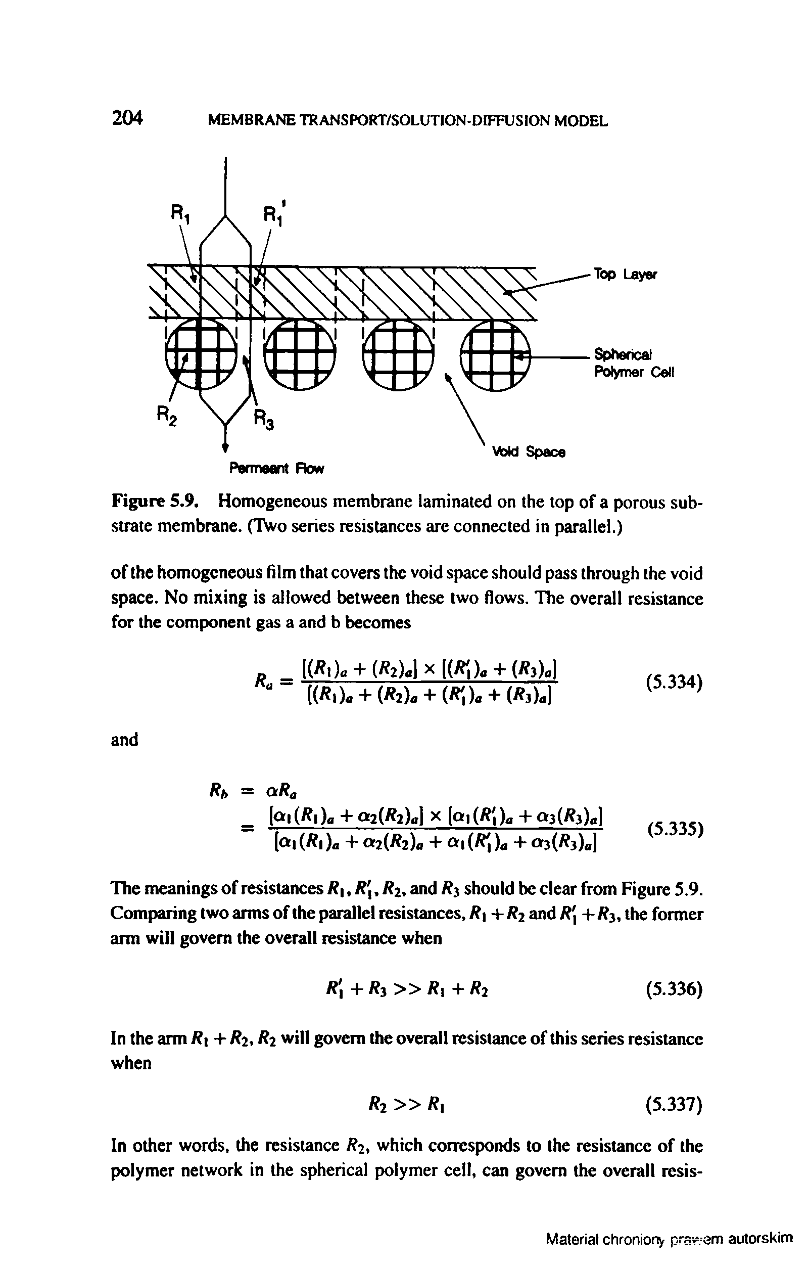 Figure 5.9, Homogeneous membrane laminated on the top of a porous substrate membrane. (Two series resistances are connected in parallel.)...