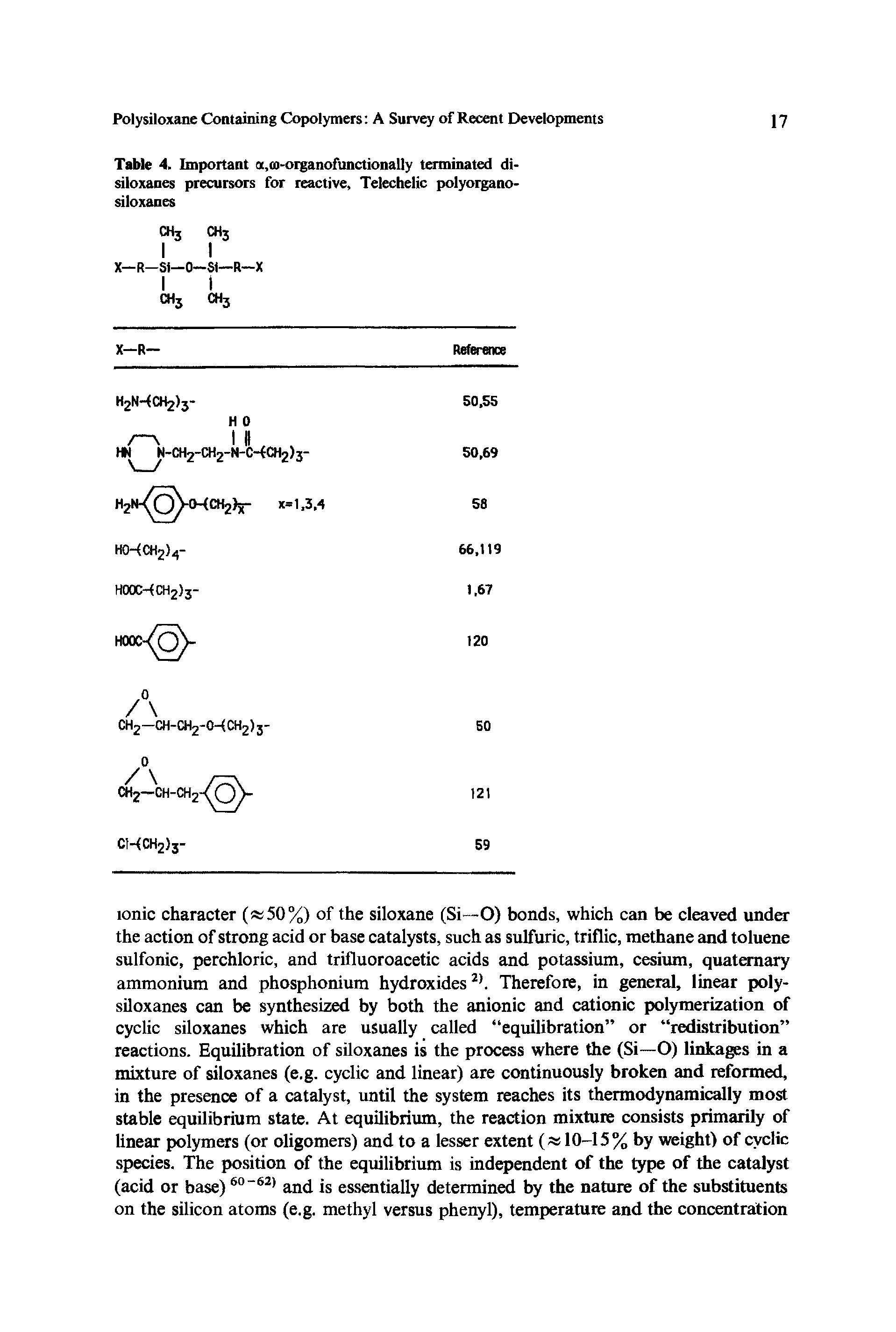 Table 4. Important a,oj-organofunctionally terminated di-siloxanes precursors for reactive, Telechelic polyorgano-siloxanes...