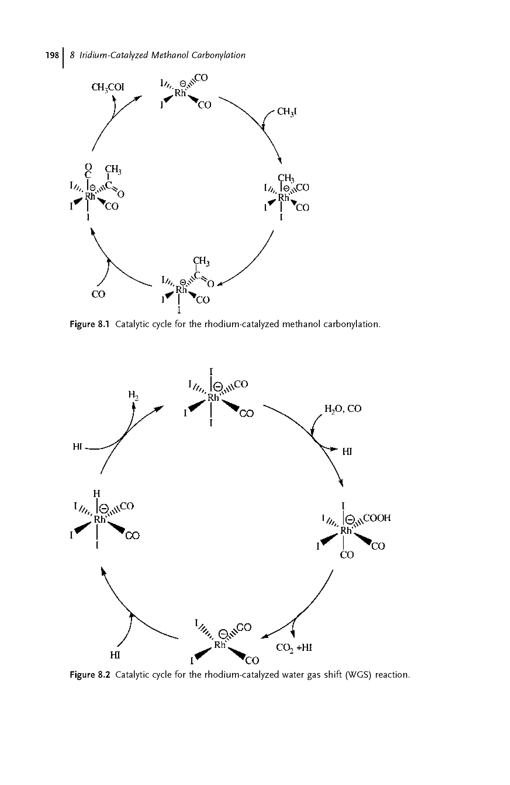 Figure 8.1 Catalytic cycle for the rhodium-catalyzed methanol carbonylation.