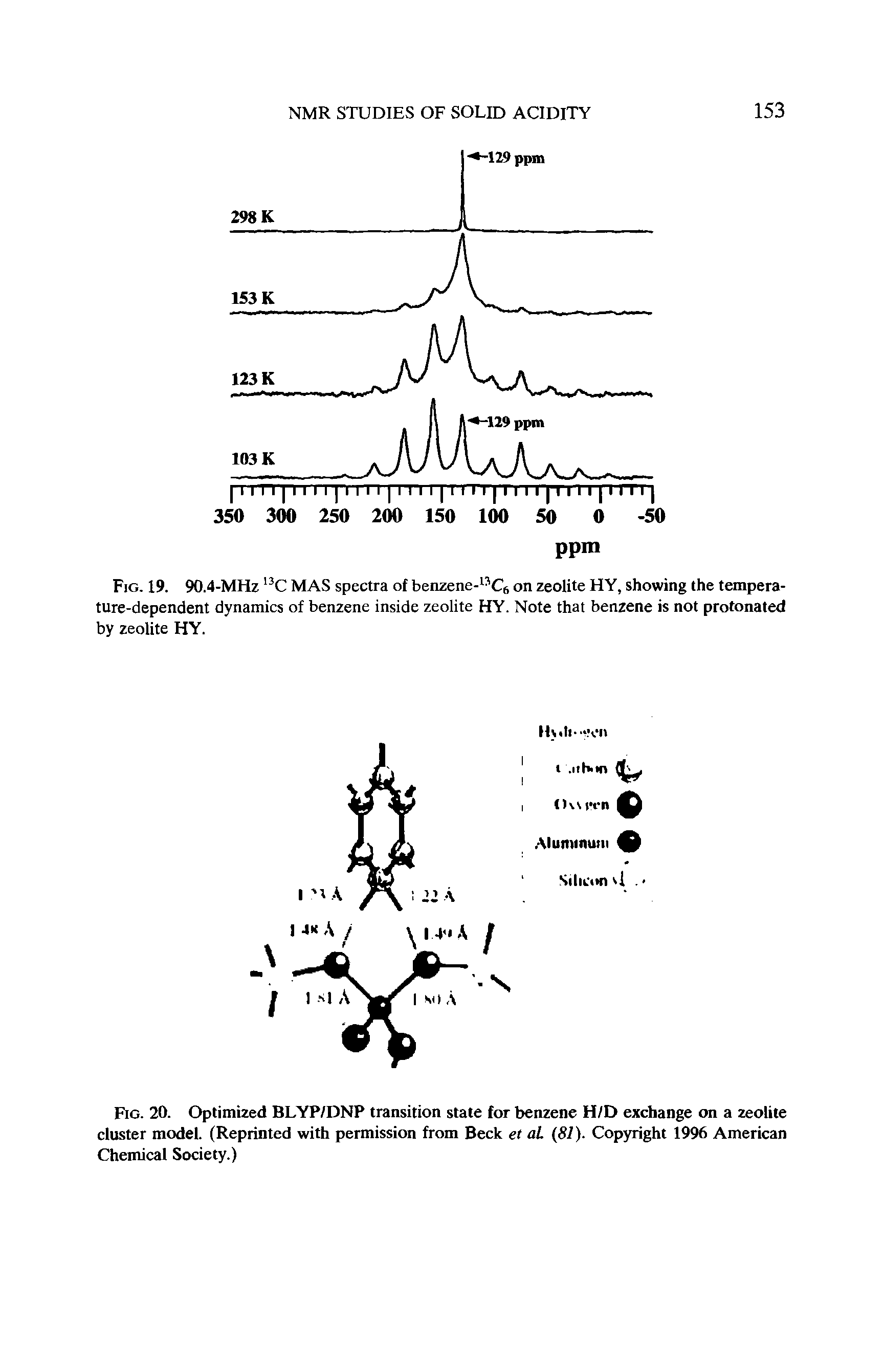 Fig. 20. Optimized BLYP/DNP transition state for benzene H/D exchange on a zeolite cluster model. (Reprinted with permission from Beck et al (81). Copyright 1996 American Chemical Society.)...