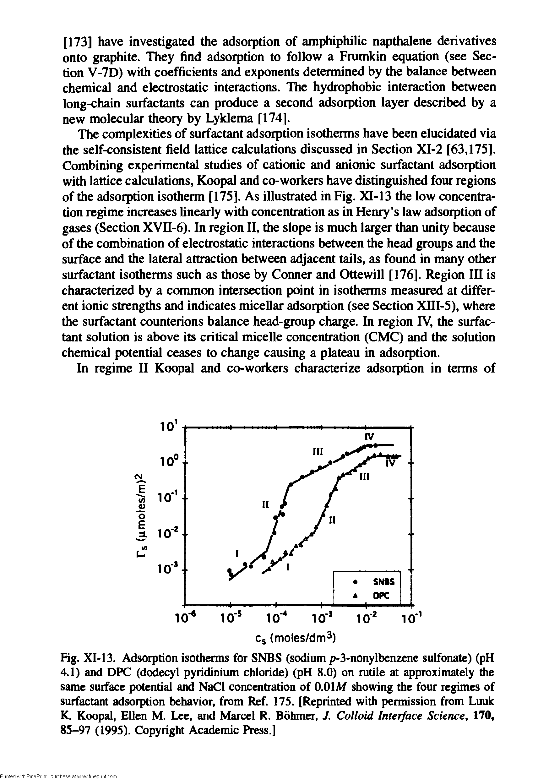 Fig. XI-13. Adsorption isotherms for SNBS (sodium p-3-nonylbenzene sulfonate) (pH 4.1) and DPC (dodecyl pyridinium chloride) (pH 8.0) on mtile at approximately the same surface potential and NaCl concentration of O.OlAf showing the four regimes of surfactant adsorption behavior, from Ref. 175. [Reprinted with permission from Luuk K. Koopal, Ellen M. Lee, and Marcel R. Bohmer, J. Colloid Interface Science, 170, 85-97 (1995). Copyright Academic Press.]...