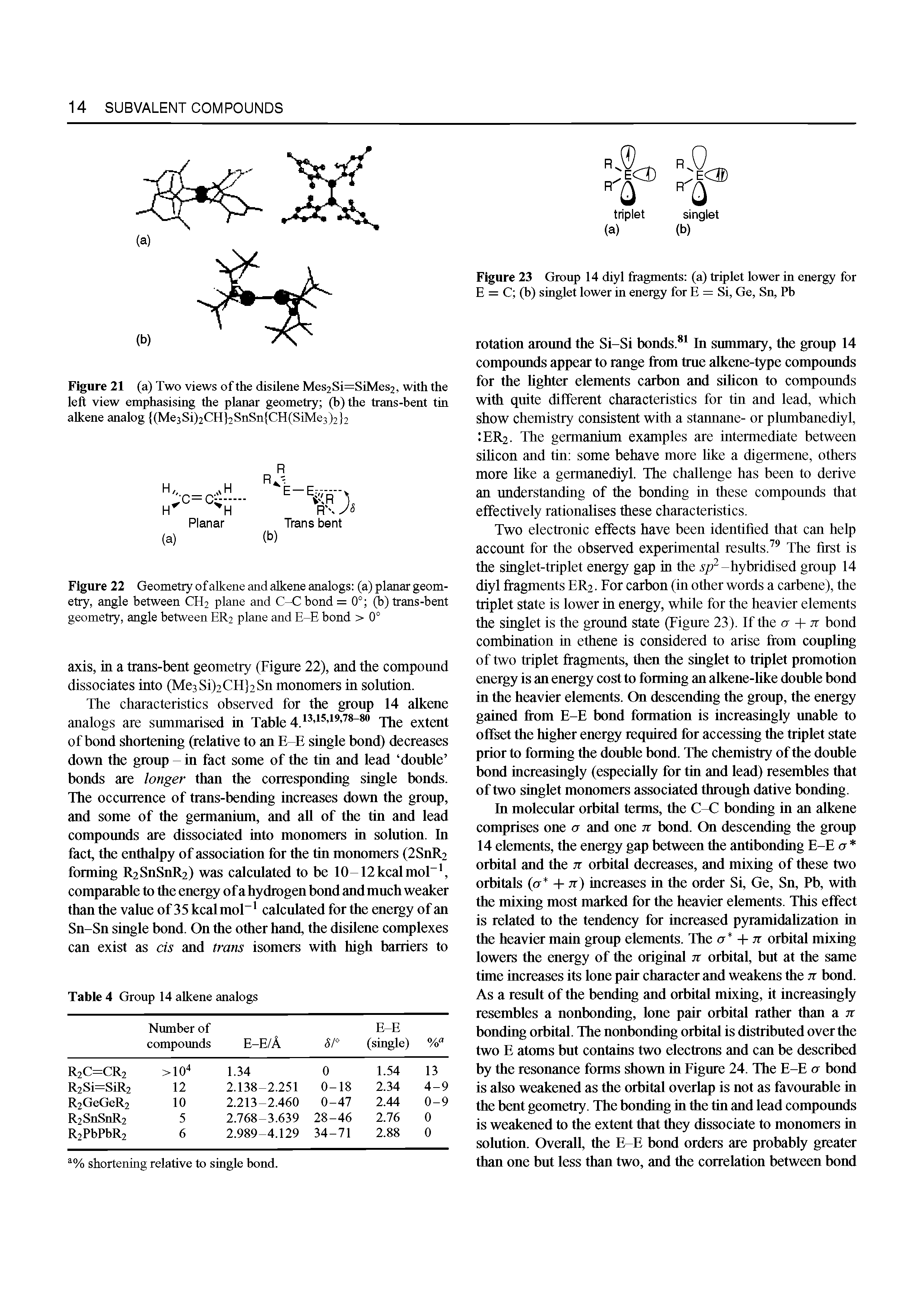 Figure 22 Geometry of alkene and alkene analogs (a) planar geometry, angle between CH2 plane and C-C bond =0° (b) trans-bent geometry, angle between ER2 plane and E-E bond > 0°...