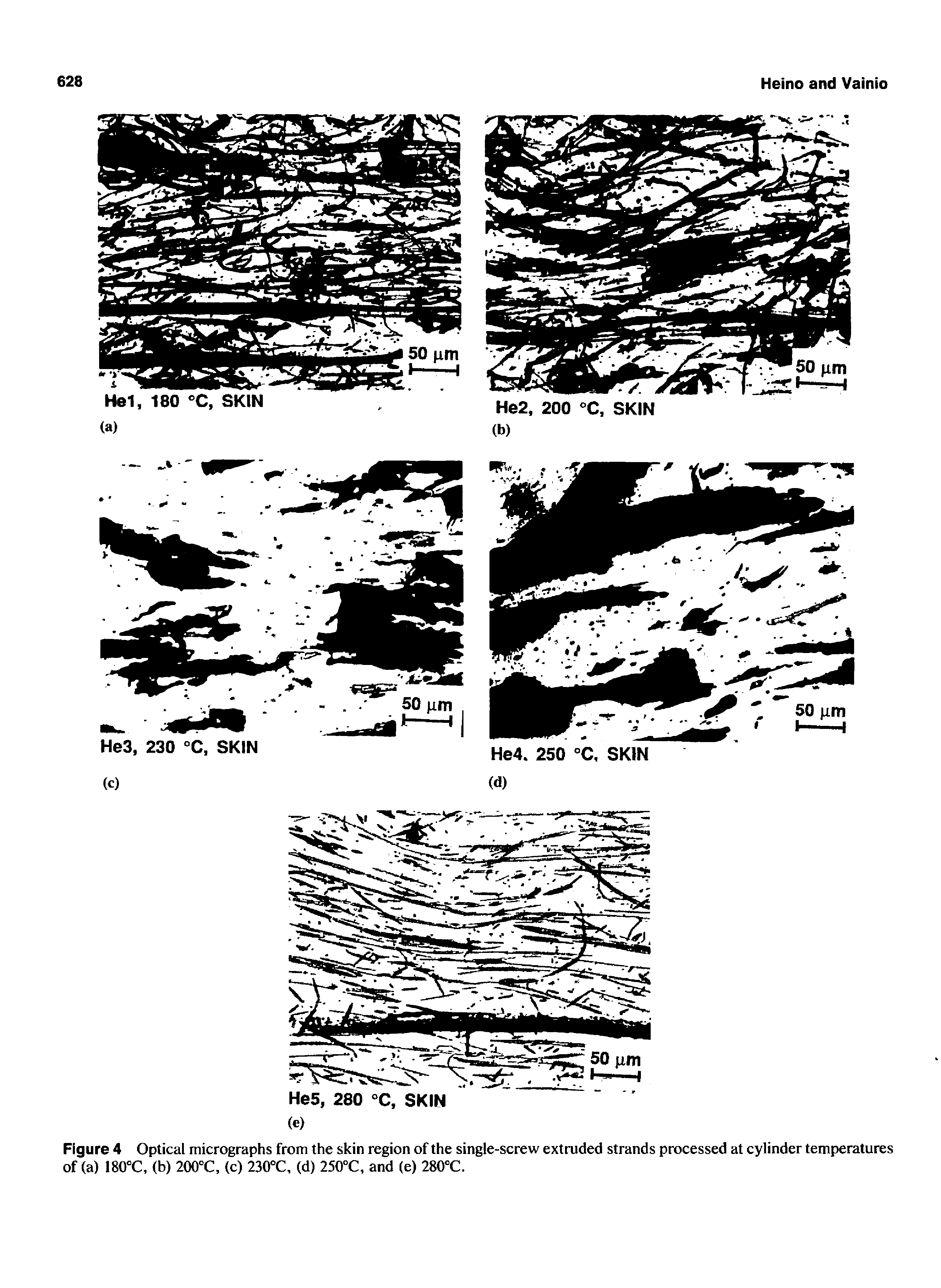 Figure 4 Optical micrographs from the skin region of the single-screw extruded strands processed at cylinder temperatures of (a) ISO C, (b) 200°C, (c) 230°C, (d) 250°C, and (e) 280°C.