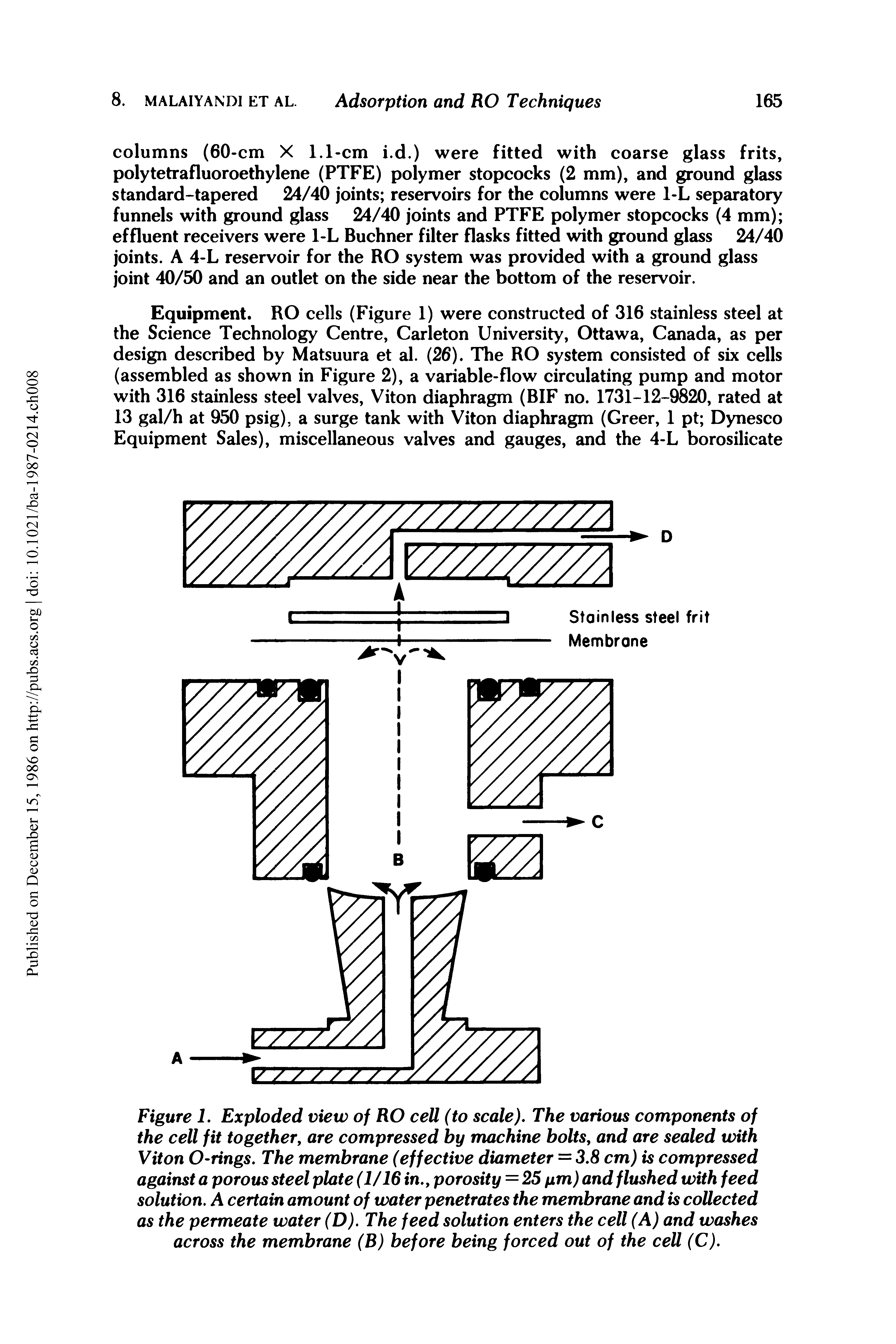 Figure 1. Exploded view of RO cell (to scale). The various components of the cell fit together, are compressed by machine bolts, and are sealed with Viton O-rings. The membrane (effective diameter = 3.8 cm) is compressed against a porous steel plate (1/16 in., porosity = 25 pm) and flushed with feed solution. A certain amount of water penetrates the membrane and is collected as the permeate water (D). The feed solution enters the cell (A) and washes across the membrane (B) before being forced out of the cell (C).