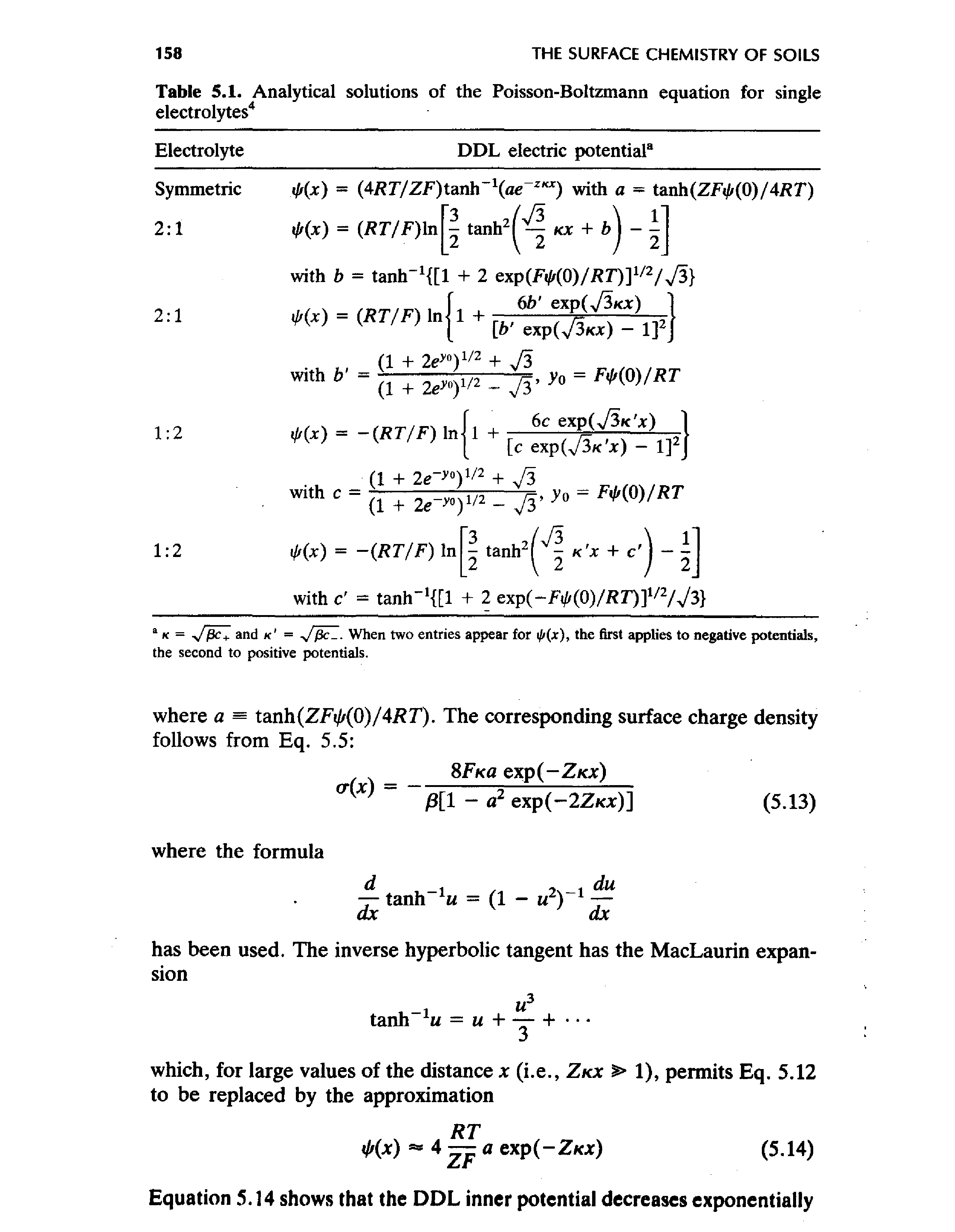 Table 5.1. Analytical solutions of the Poisson-Boltzmann equation for single electrolytes ...