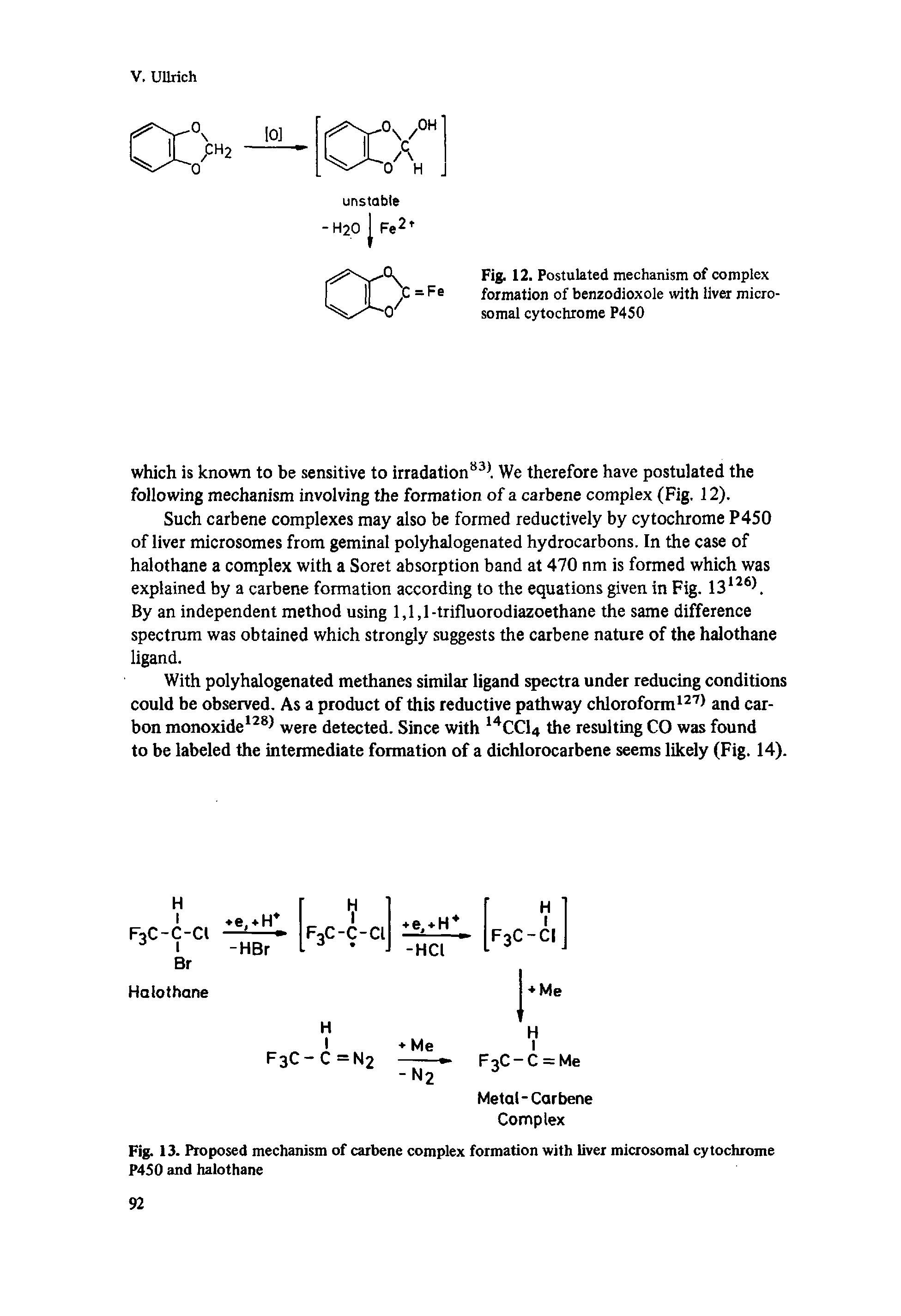 Fig. 13. Proposed mechanism of carbene complex formation with liver microsomal cytochrome P450 and halothane...