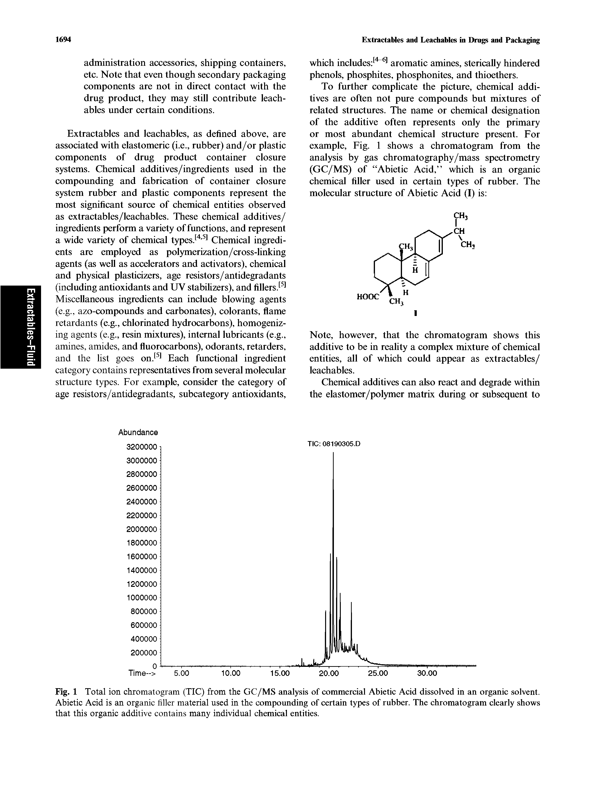 Fig. 1 Total ion chromatogram (TIC) from the GC/MS analysis of commercial Abietic Acid dissolved in an organic solvent. Abietic Acid is an organic filler material used in the compounding of certain types of rubber. The chromatogram clearly shows that this organic additive contains many individual chemical entities.