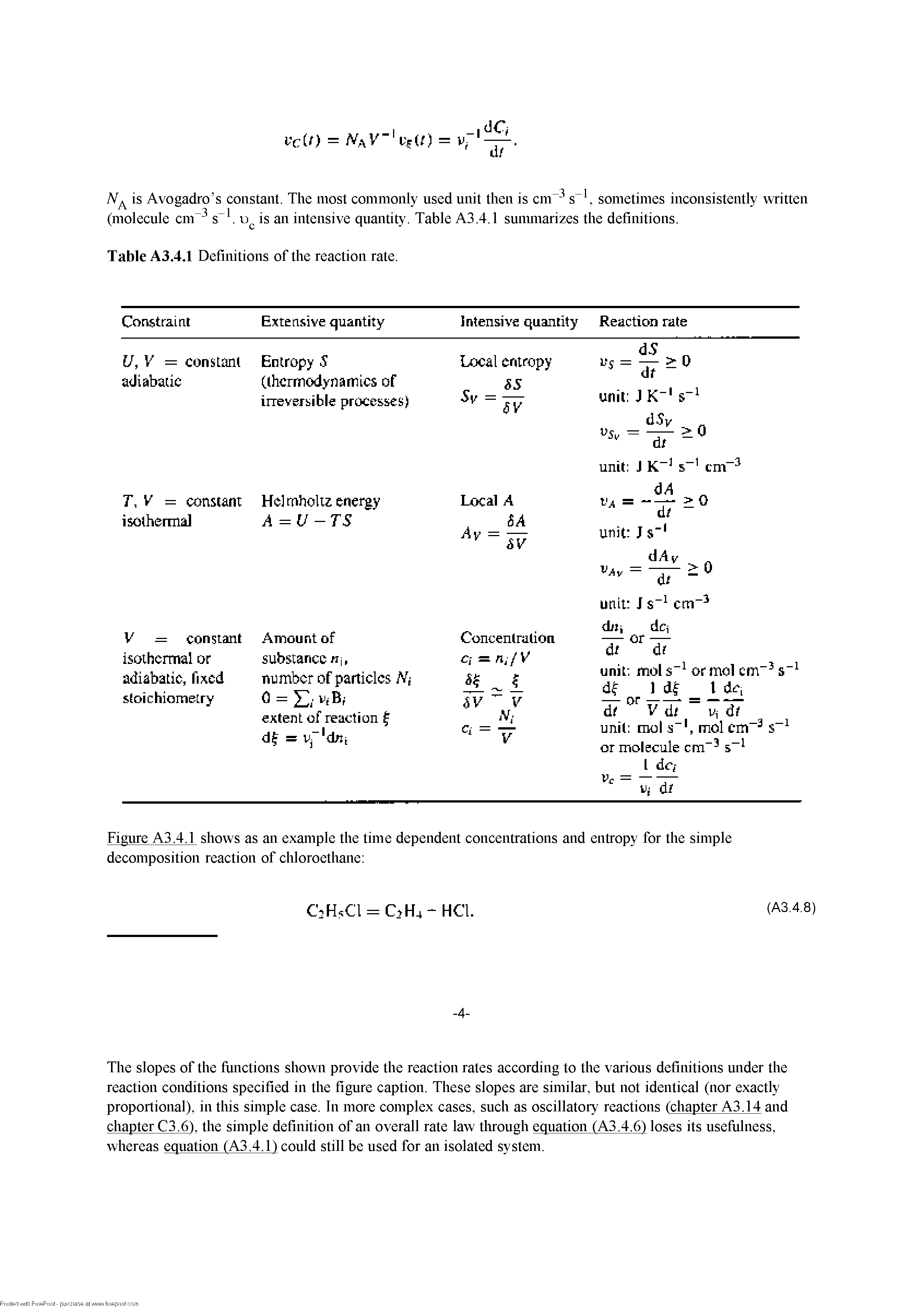 Figure A3.4.1 shows as an example the time dependent concentrations and entropy for the simple decomposition reaction of chloroethane ...