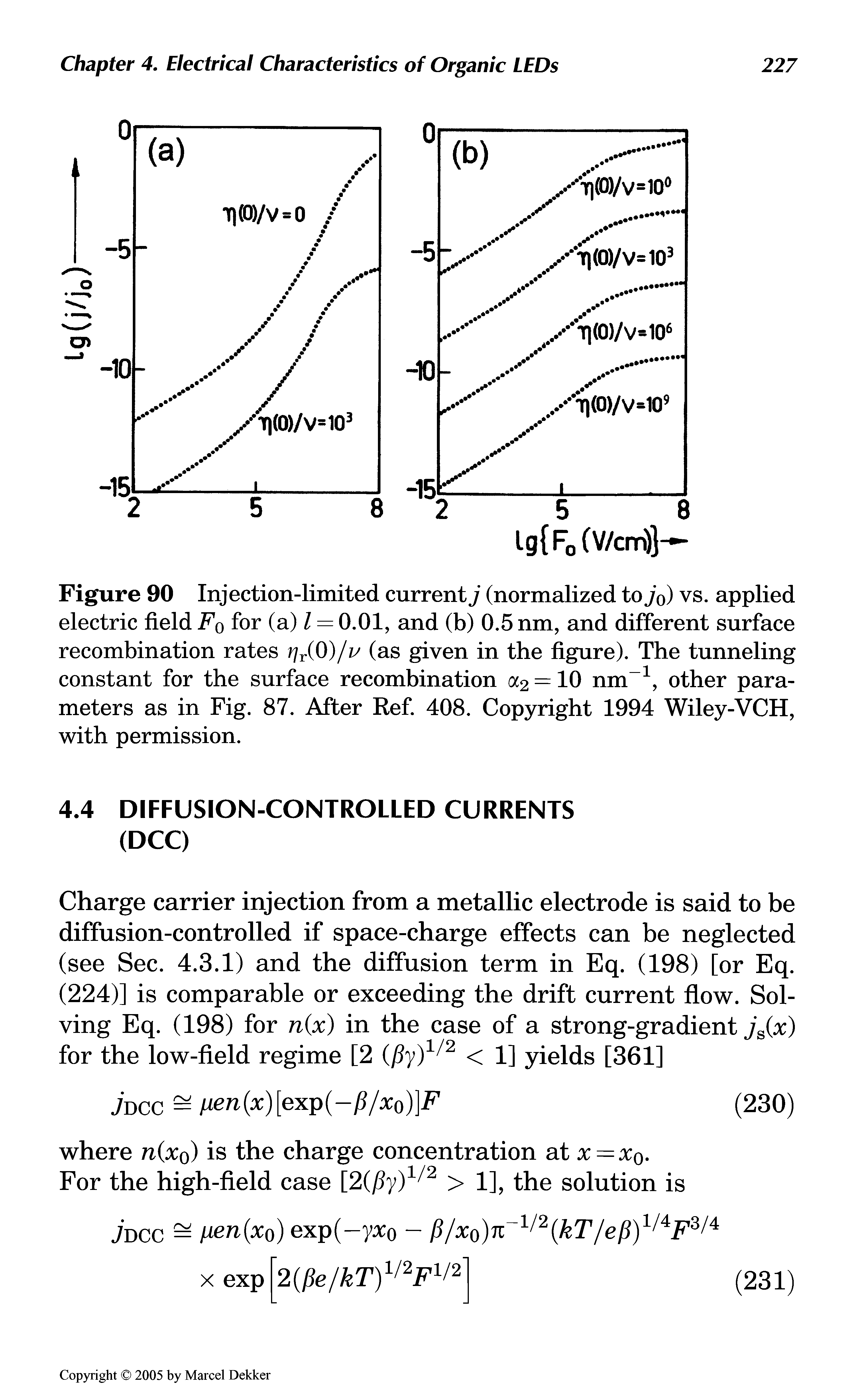 Figure 90 Injection-limited current j (normalized to jo) vs. applied electric field Fo for (a) l = 0.01, and (b) 0.5 nm, and different surface recombination rates tir(0)/is (as given in the figure). The tunneling constant for the surface recombination o<2 = 10 nm-1, other parameters as in Fig. 87. After Ref. 408. Copyright 1994 Wiley-VCH, with permission.