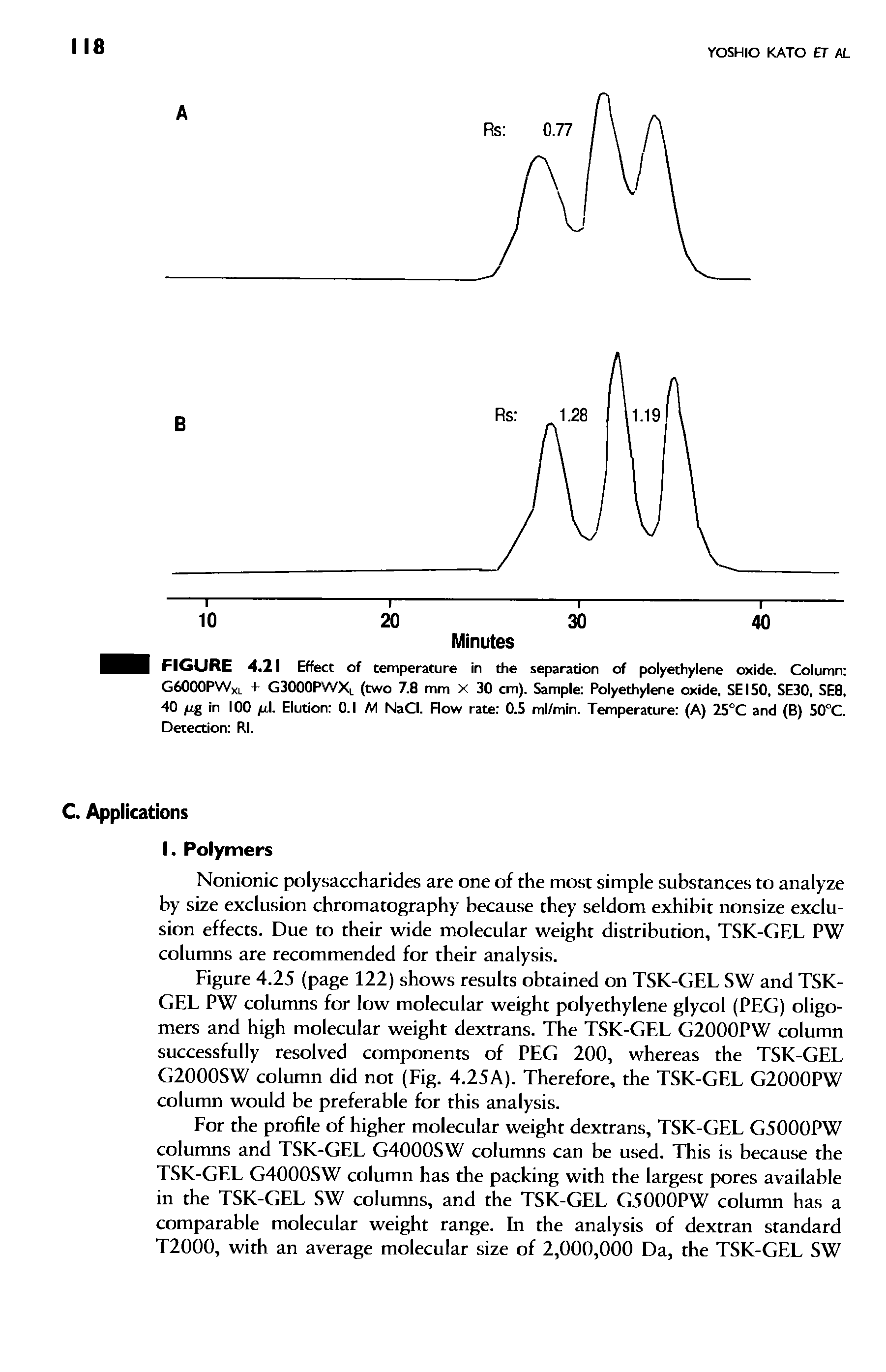 Figure 4.25 (page 122) shows results obtained on TSK-GEL SW and TSK-GEL PW columns for low molecular weight polyethylene glycol (PEG) oligomers and high molecular weight dextrans. The TSK-GEL G2000PW column successfully resolved components of PEG 200, whereas the TSK-GEL G2000SW column did not (Fig. 4.25A). Therefore, the TSK-GEL G2000PW column would be preferable for this analysis.