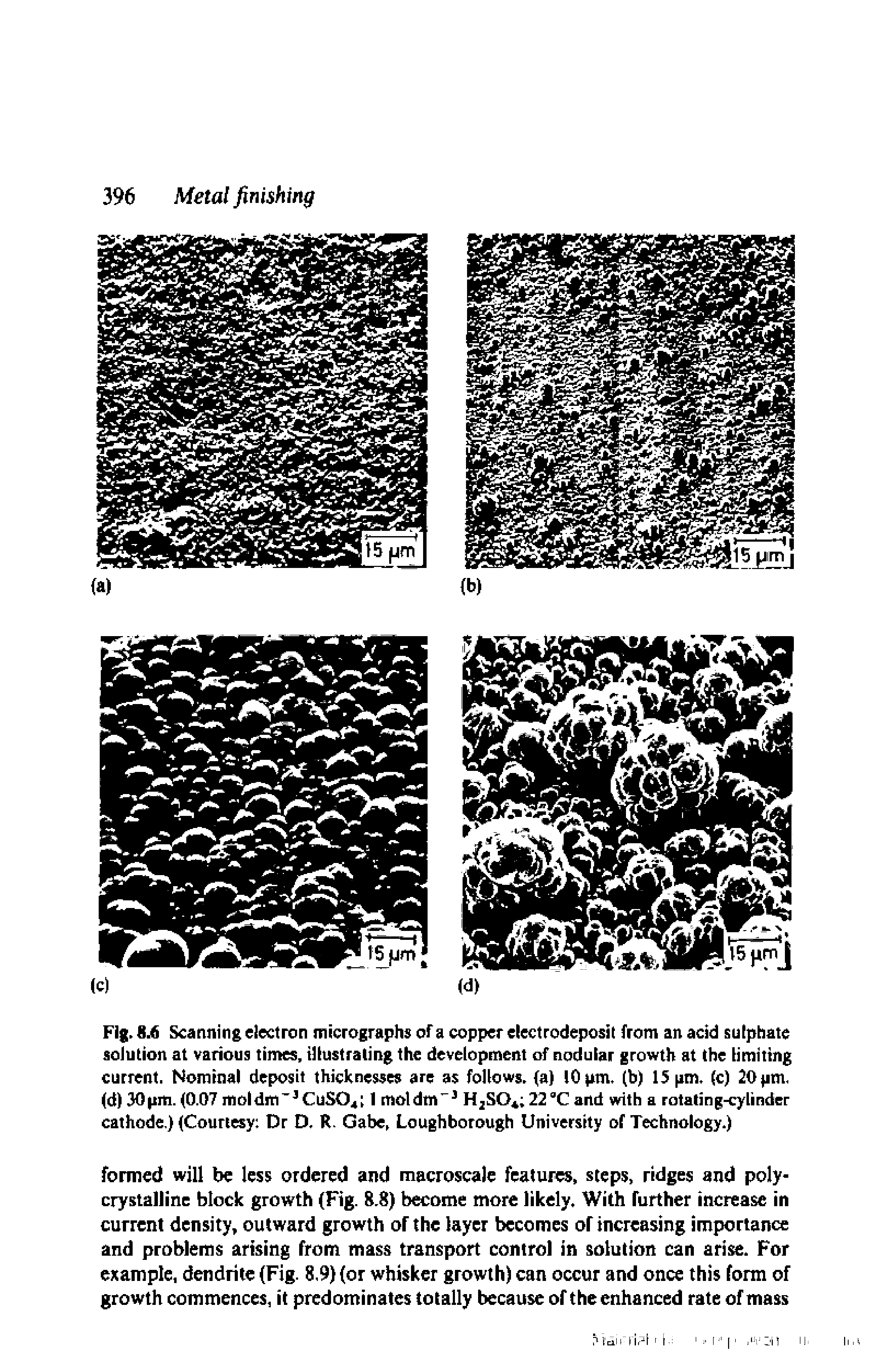 Fig. 8.6 Scanning electron micrographs of a copper electrodeposit from an acid sulphate solution at various times, illustrating the development of nodular growth at the limiting current. Nominal deposit thicknesses are as follows, (a) 10 pm. (b) 15 pm. (c) 20 pm. (d) 30piti. (0.07 molditi CuSO 1 mol dm H SO 22 C and with a rotating-cyLinder cathode.) (Courtesy Dr D. R. Gabe Loughborough University of Technology.)...