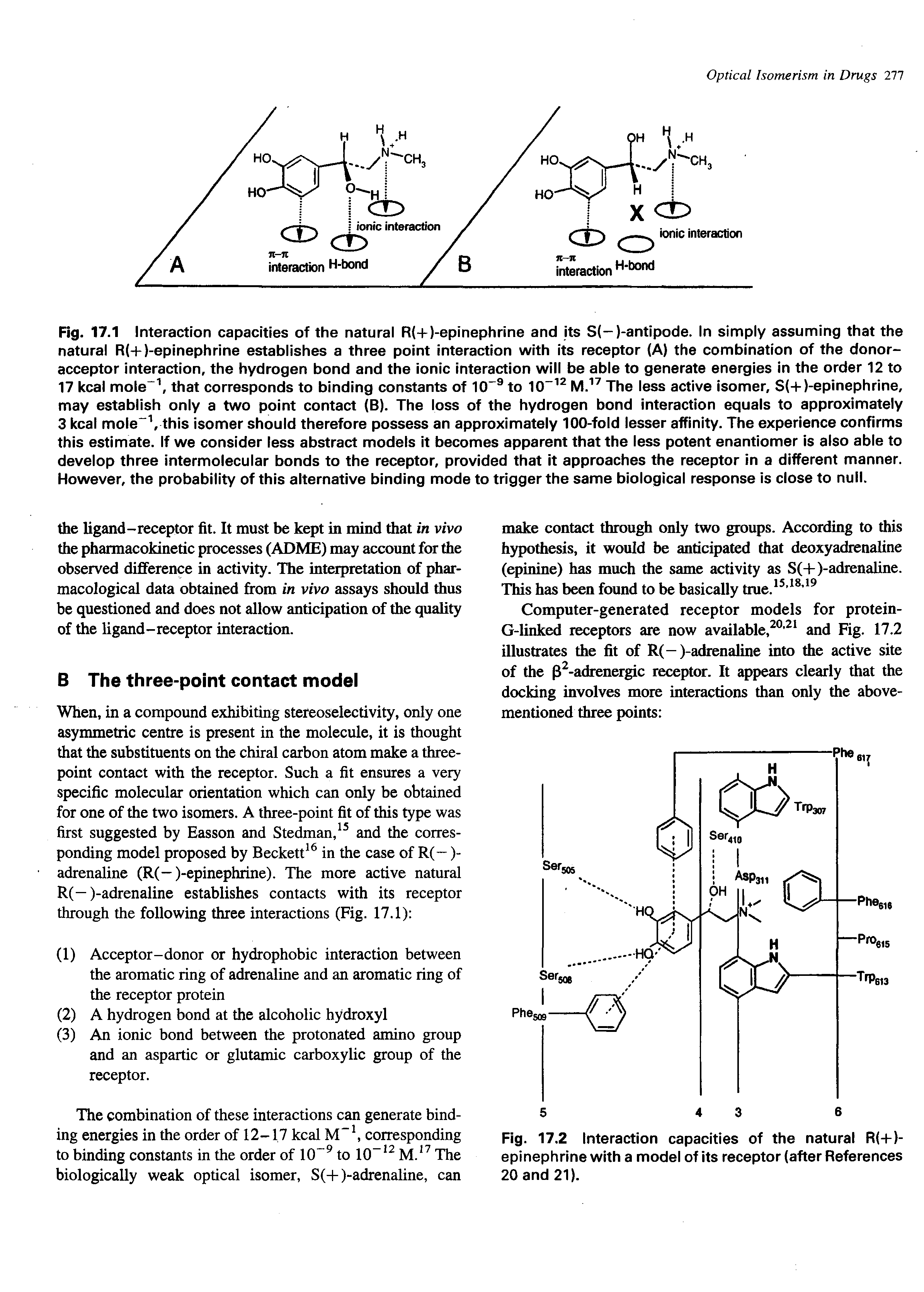 Fig. 17.1 Interaction capacities of the natural R +)-epinephrine and its S(-)-antipode. In simply assuming that the natural R(+)-epinephrine establishes a three point interaction with its receptor (A) the combination of the donor-acceptor interaction, the hydrogen bond and the ionic interaction will be able to generate energies in the order 12 to 17 kcal mole that corresponds to binding constants of 10 to 10 The less active isomer, S(+)-epinephrine, may establish only a two point contact (B). The loss of the hydrogen bond interaction equals to approximately 3 kcal mole this isomer should therefore possess an approximately 100-fold lesser affinity. The experience confirms this estimate. If we consider less abstract models it becomes apparent that the less potent enantiomer is also able to develop three intermolecular bonds to the receptor, provided that it approaches the receptor in a different manner. However, the probability of this alternative binding mode to trigger the same biological response is close to null.