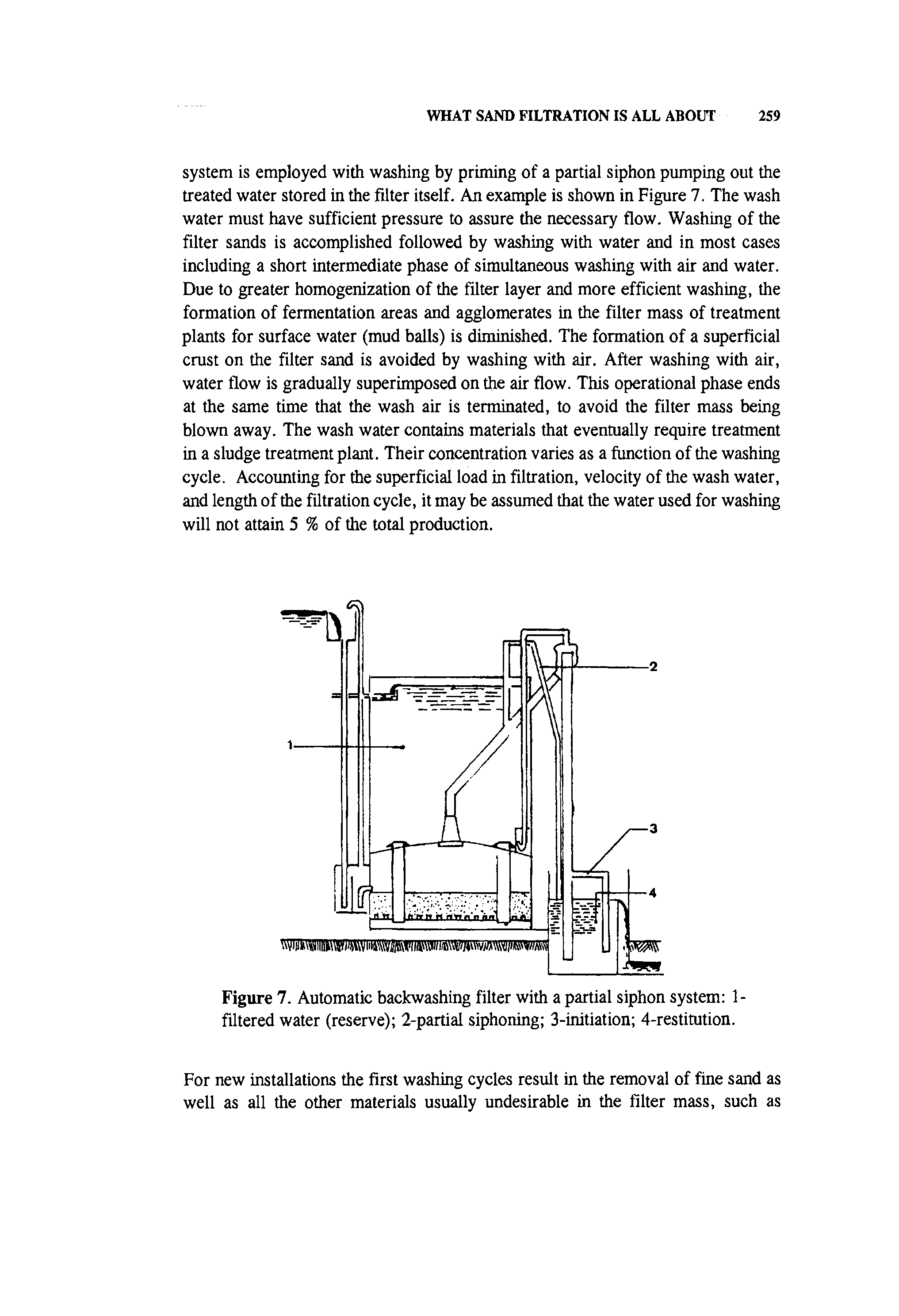 Figure 7. Automatic backwashing filter with a partial siphon system 1-filtered water (reserve) 2-partial siphoning 3-initiation 4-restitution.