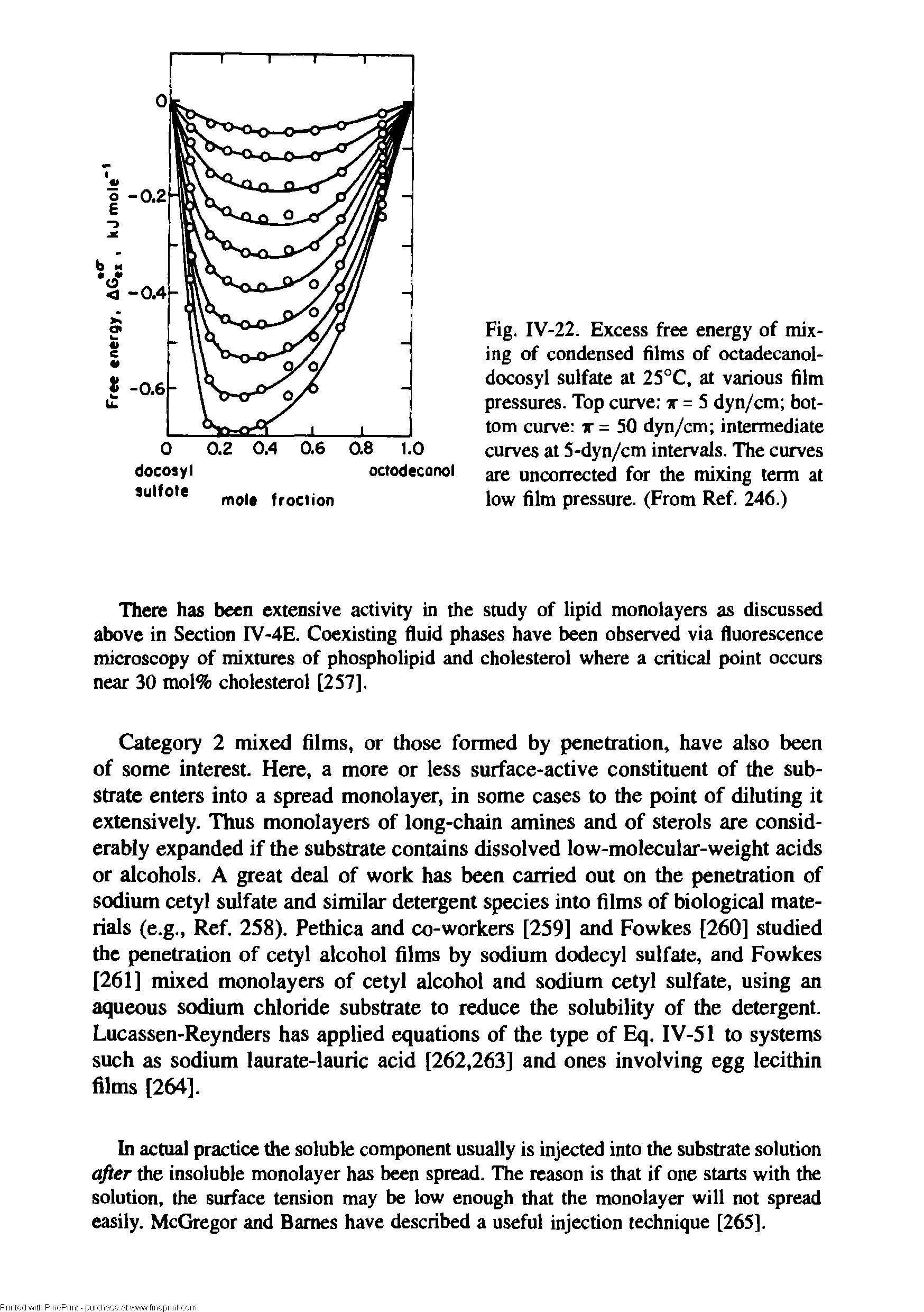 Fig. IV-22. Excess free energy of mixing of condensed films of octadecanol-docosyl sulfate at 25°C, at various film pressures. Top curve t = 5 dyn/cm bottom curve ir = 50 dyn/cm intermediate curves at 5-dyn/cm intervals. The curves are uncorrected for the mixing term at low film pressure. (From Ref. 246.)...