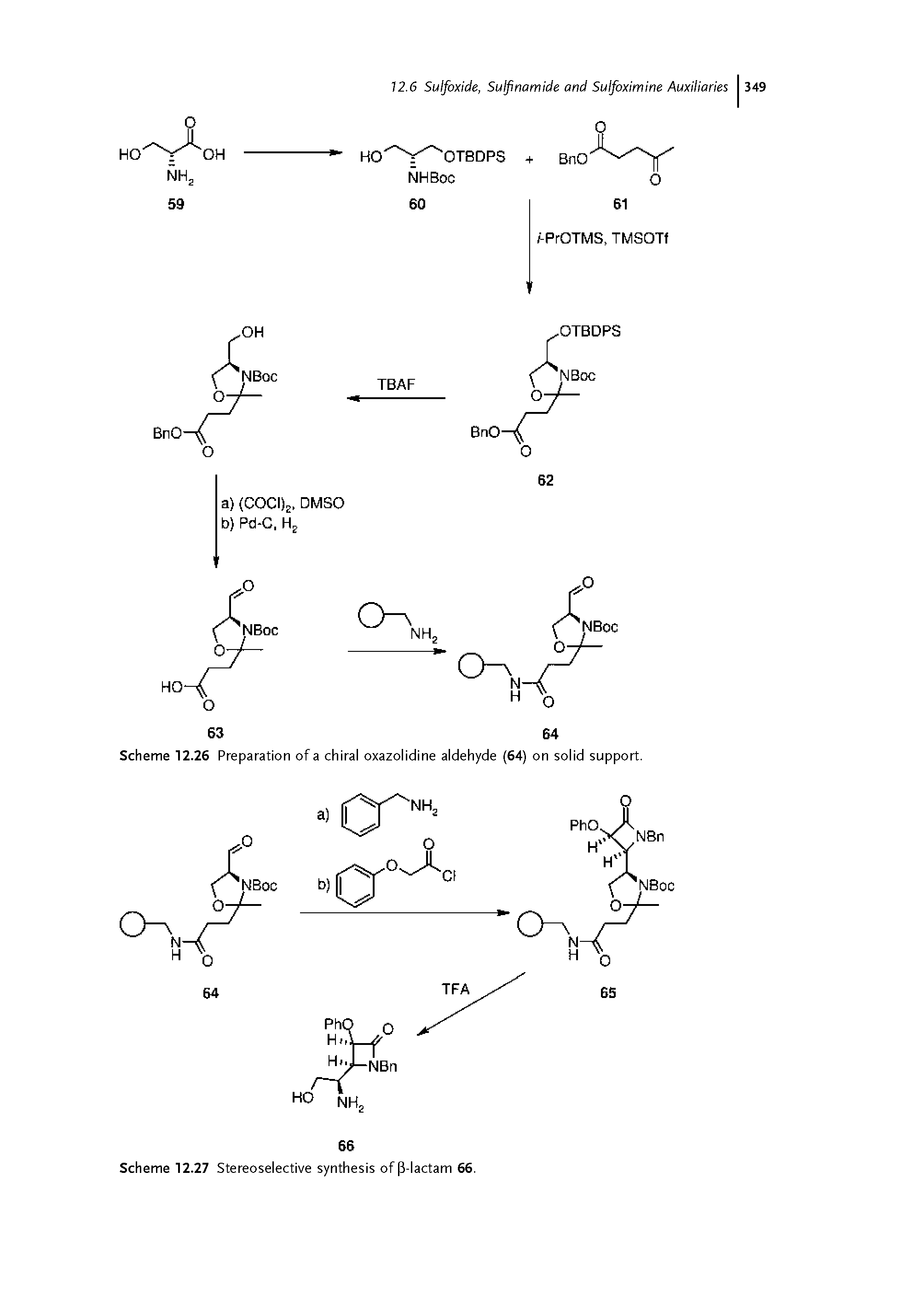 Scheme 12.26 Preparation of a chiral oxazolidine aldehyde (64) on solid support.