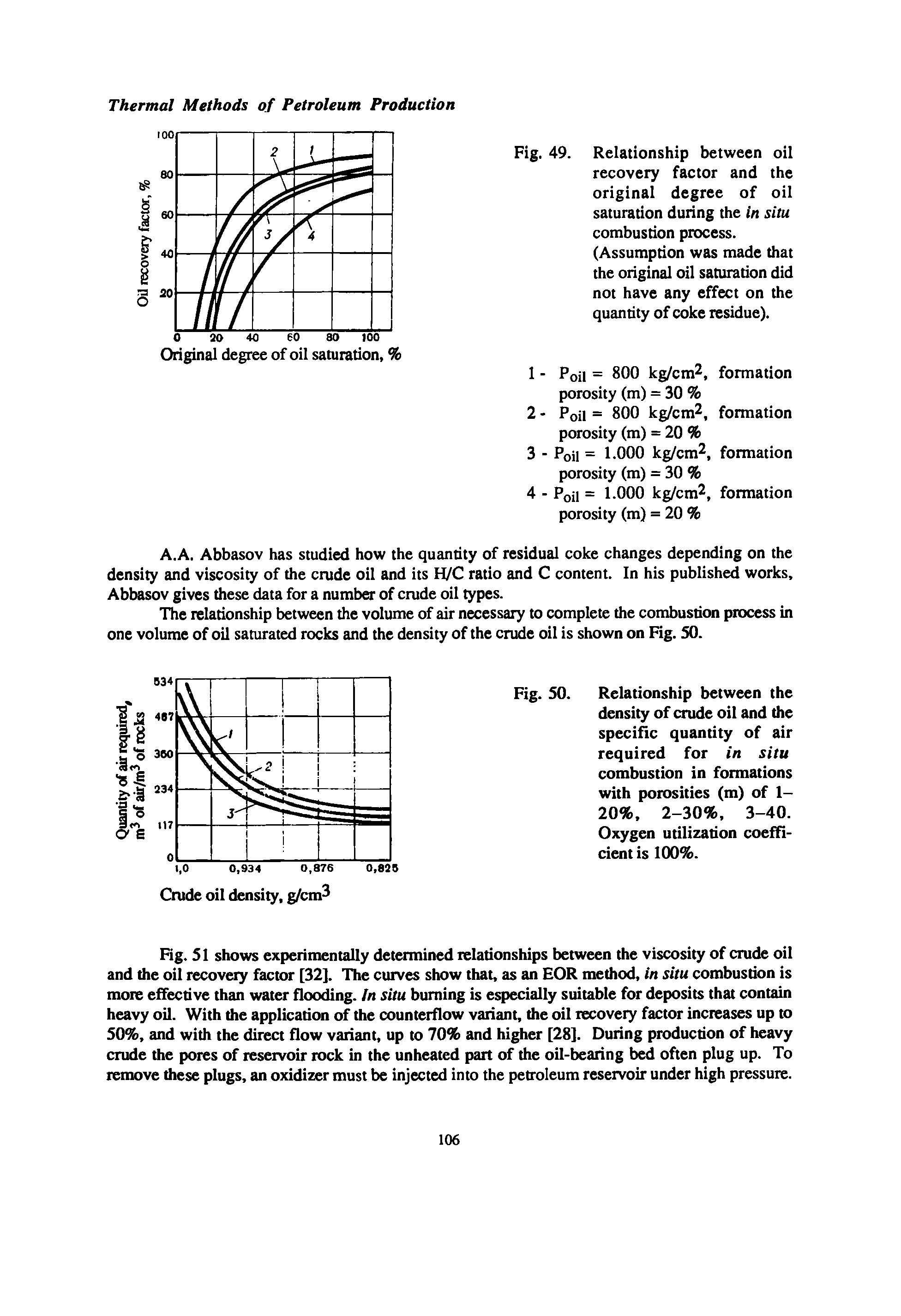 Fig. SI shows experimentally determined relationships between the viscosity of crude oil and the oil recovery factor [32]. The curves show that, as an EOR method, in situ combustion is more effective than water flooding. In situ burning is especially suitable for deposits that contmn heavy oil. With the application of the counterflow variant, the oil recovery factor increases up to S0%, and with the direct flow variant, up to 70% and higher [28]. During production of heavy crude the pores of reservoir rock in the unheated part of the oil-bearing bed often plug up. To remove these plugs, an oxidizer must be injected into the petroleum reservoir under high pressure.