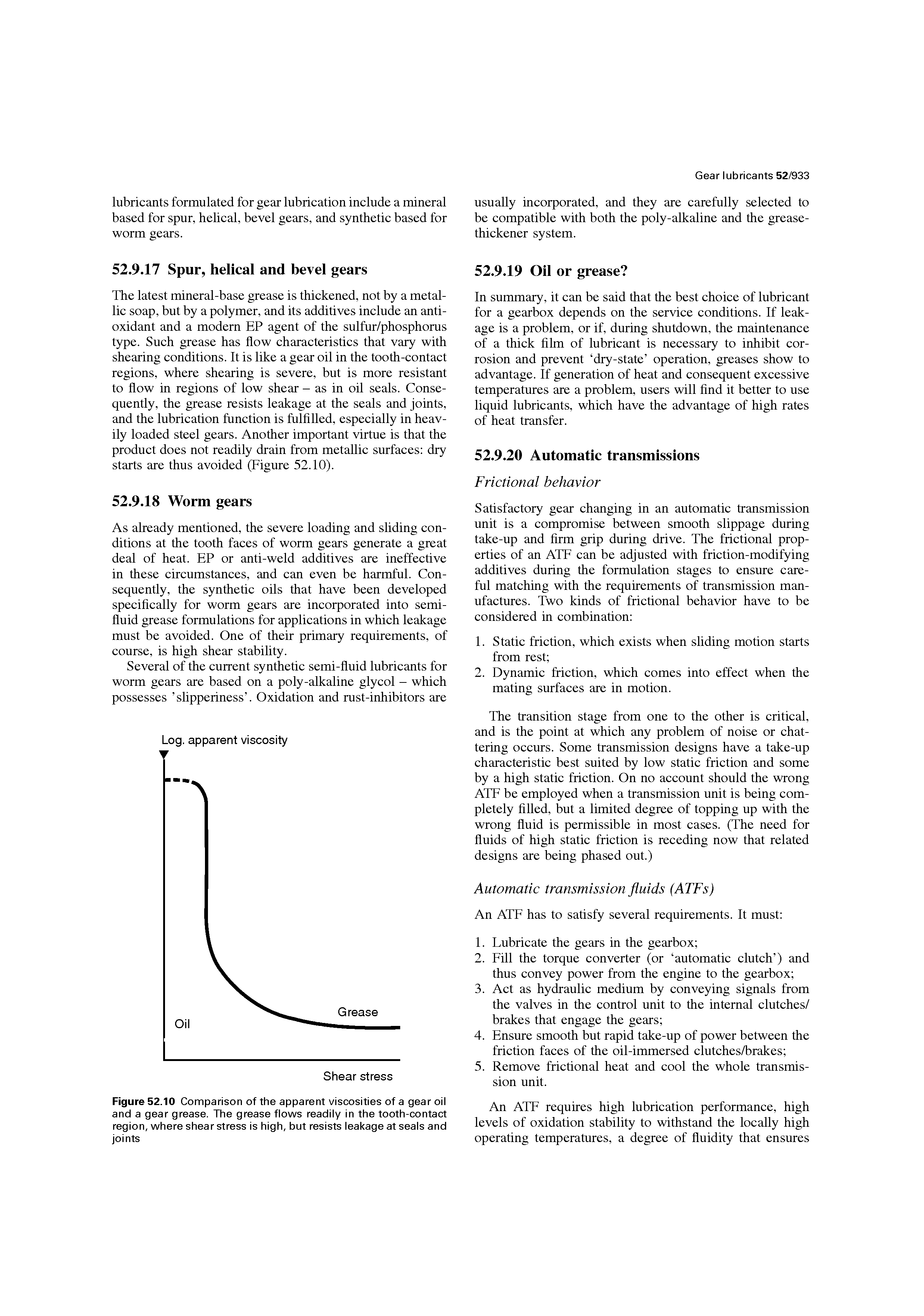 Figure 52.10 Comparison of the apparent viscosities of a gear oil and a gear grease. The grease flows readily in the tooth-contact region, where shear stress is high, but resists leakage at seals and joints...