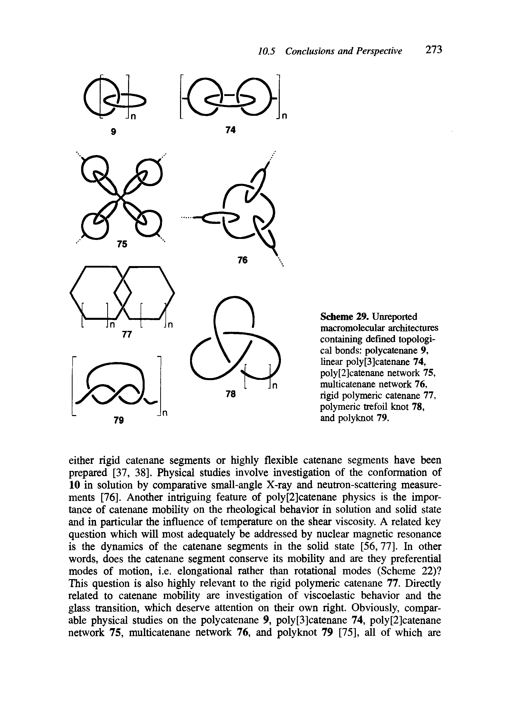Scheme 29. Unreported macromolecular architectures containing defined topological bonds polycatenane 9, linear poly[3]catenane 74, poly[2]catenane network 75, multicatenane network 76, rigid polymeric catenane 77, polymeric trefoil knot 78, and polyknot 79.