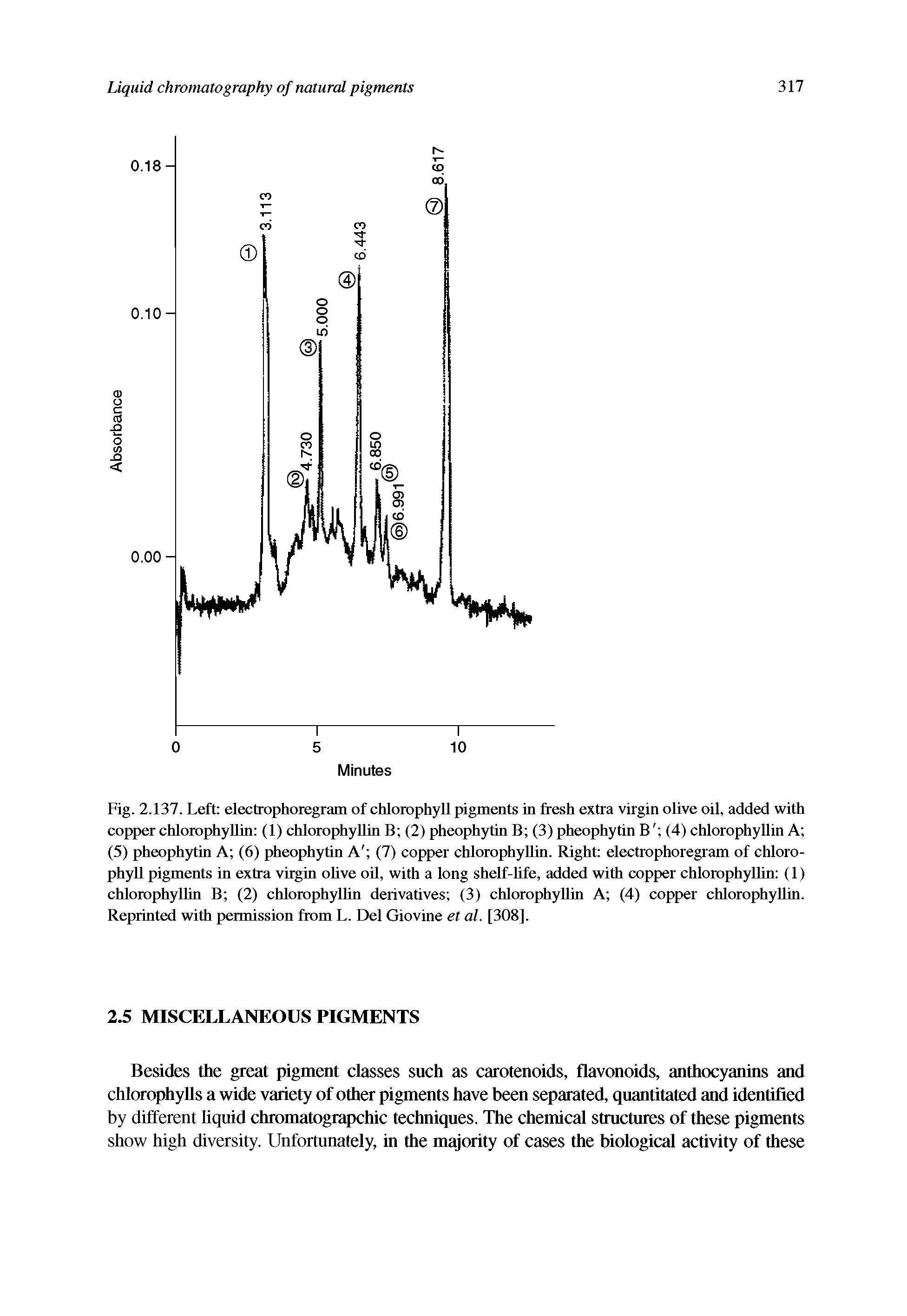 Fig. 2.137. Left electrophoregram of chlorophyll pigments in fresh extra virgin olive oil, added with copper chlorophyllin (1) chlorophyllin B (2) pheophytin B (3) pheophytin B(4) chlorophyllin A (5) pheophytin A (6) pheophytin A (7) copper chlorophyllin. Right electrophoregram of chlorophyll pigments in extra virgin olive oil, with a long shelf-life, added with copper chlorophyllin (1) chlorophyllin B (2) chlorophyllin derivatives (3) chlorophyllin A (4) copper chlorophyllin. Reprinted with permission from L. Del Giovine et al. [308].