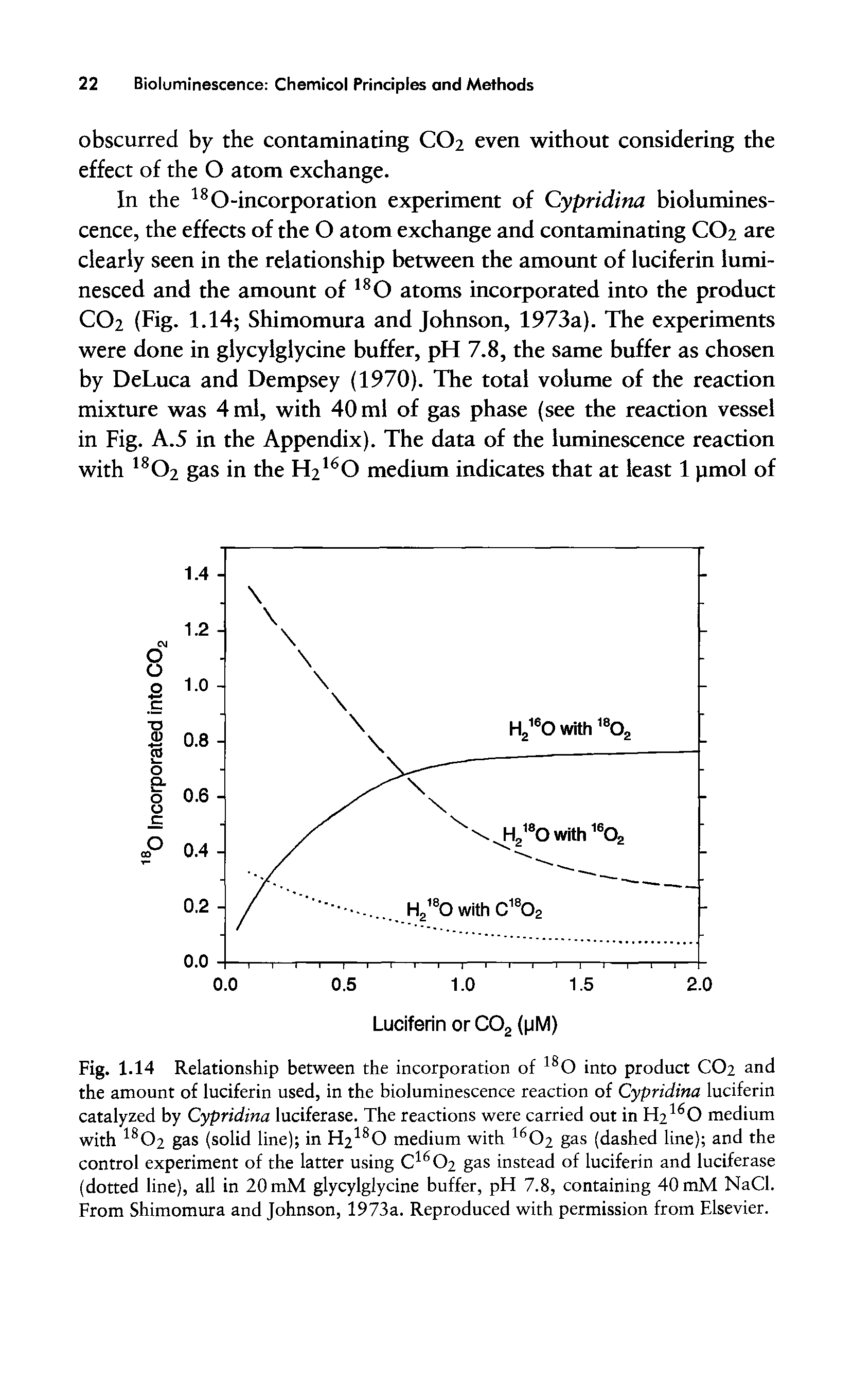 Fig. 1.14 Relationship between the incorporation of 180 into product CO2 and the amount of luciferin used, in the bioluminescence reaction of Cypridina luciferin catalyzed by Cypridina luciferase. The reactions were carried out in H2160 medium with 1802 gas (solid line) in H2lsO medium with 16C>2 gas (dashed line) and the control experiment of the latter using C16C>2 gas instead of luciferin and luciferase (dotted line), all in 20 mM glycylglycine buffer, pH 7.8, containing 40 mM NaCl. From Shimomura and Johnson, 1973a. Reproduced with permission from Elsevier.