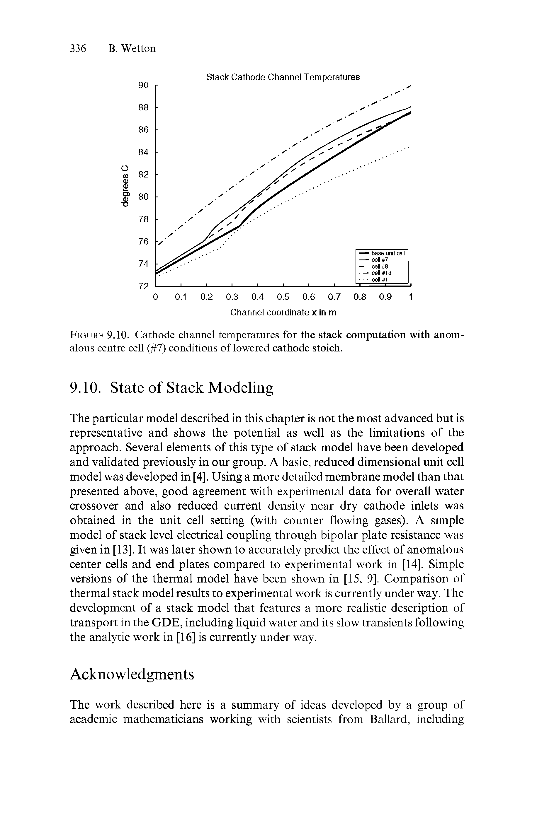 Figure 9.10. Cathode channel temperatures for the stack computation with anomalous centre cell ( 7) conditions of lowered cathode stoich.