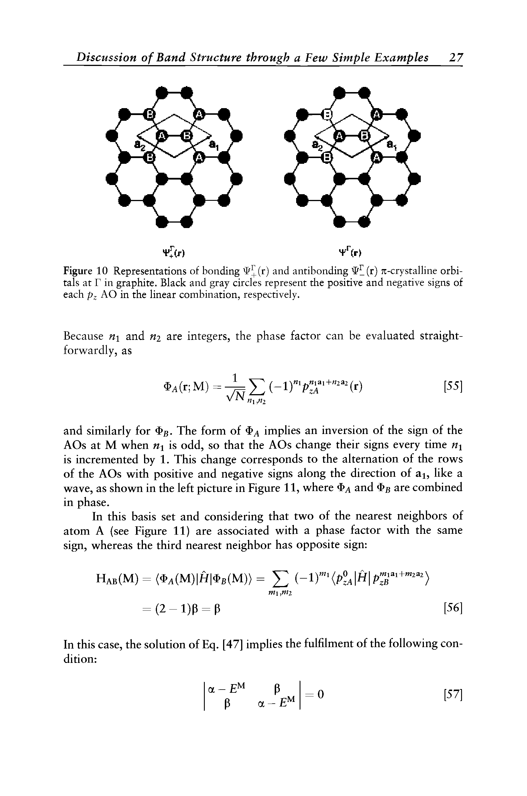 Figure 10 Representations of bonding 4 +(r) and antibonding (r) n-crystalline orbitals at r in graphite. Black and gray circles represent the positive and negative signs of each AO in the linear combination, respectively.