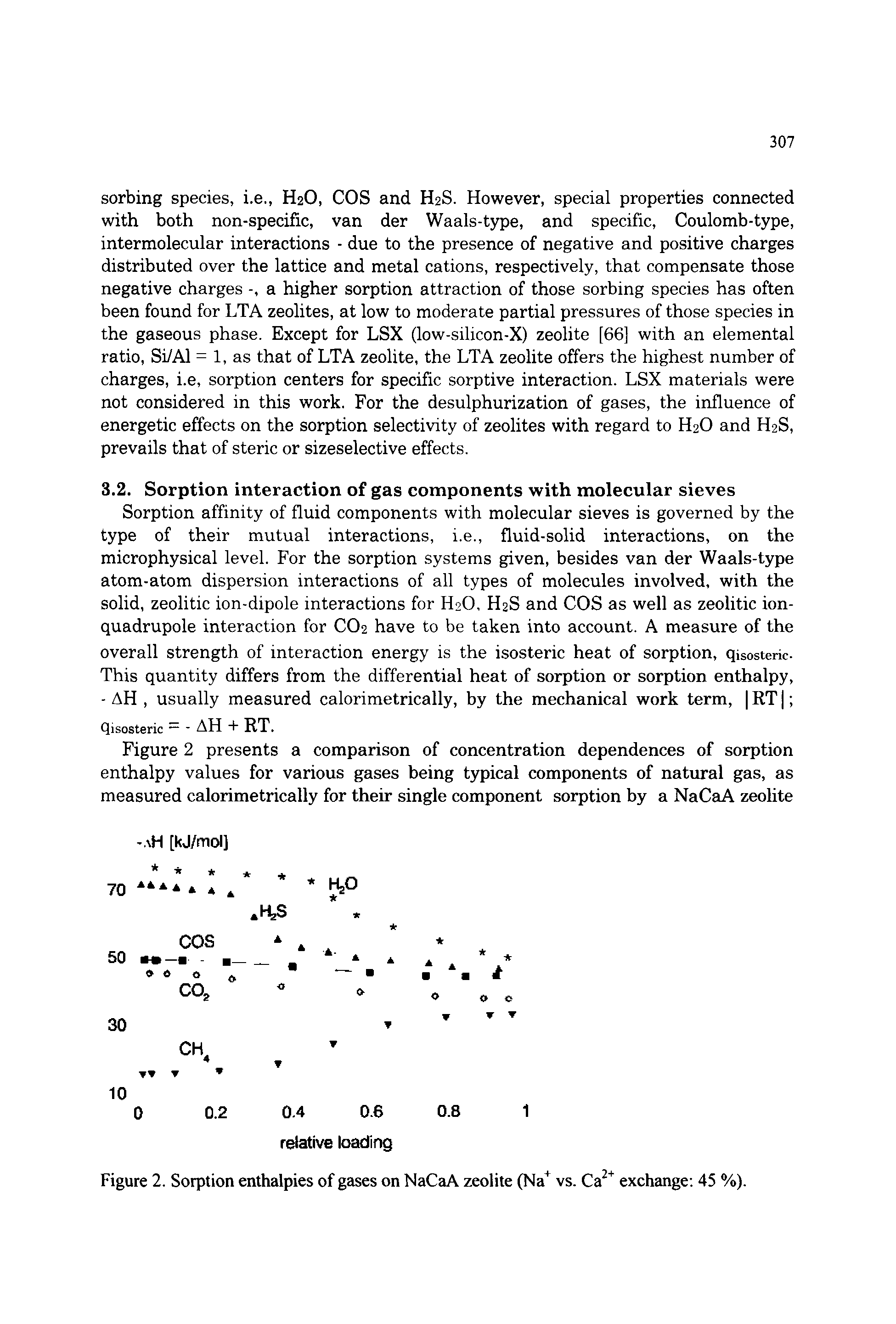 Figure 2. Sorption enthalpies of gases on NaCaA zeolite (Na vs. Ca exchange 45 %).