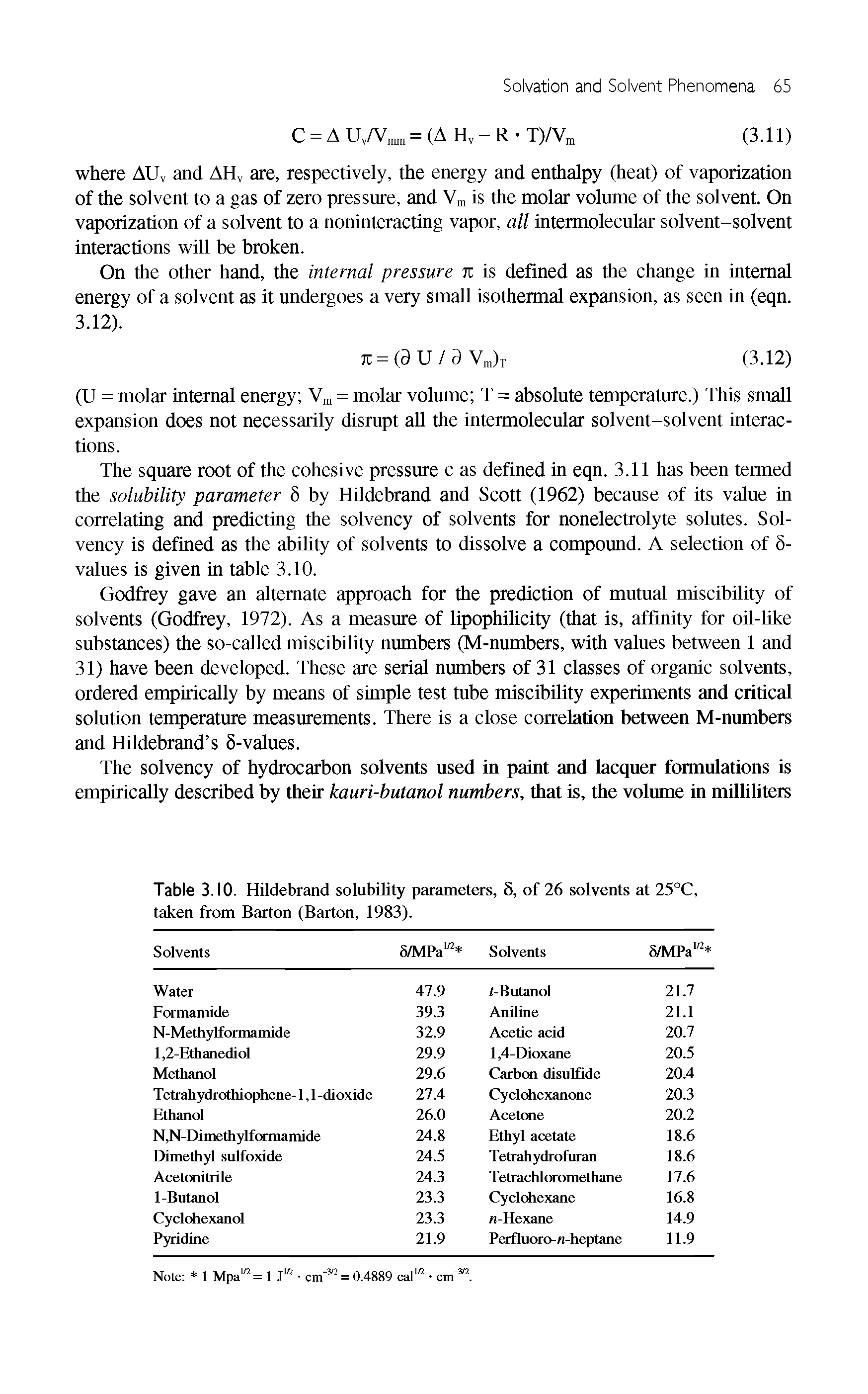 Table 3.10. Hildebrand solubility parameters, 5, of 26 solvents at 25°C, taken from Barton (Barton, 1983).