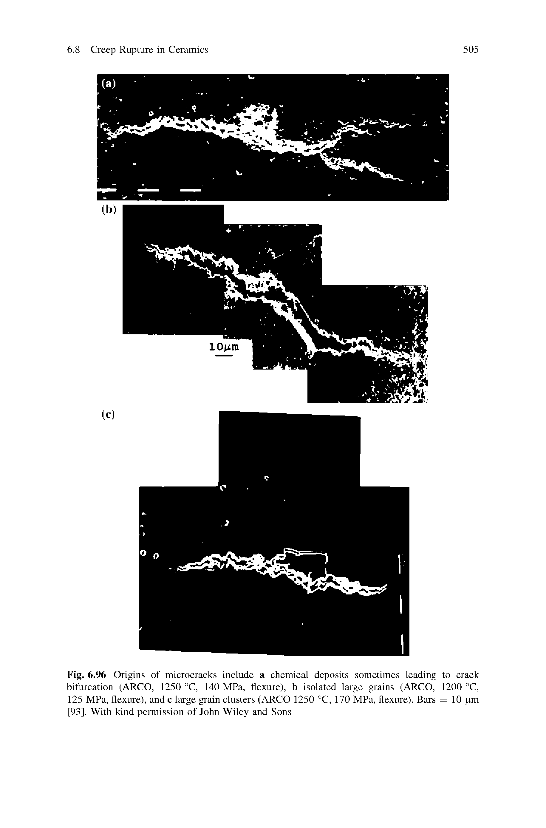 Fig. 6.96 Origins of microcracks include a chemical deposits sometimes leading to crack bifurcation (ARCO, 1250 °C, 140 MPa, flexure), b isolated large grains (ARCO, 1200 °C, 125 MPa, flexure), and c large grain clusters (ARCO 1250 °C, 170 MPa, flexure). Bars = 10 pm [93]. With kind permission of John Wiley and Sons...