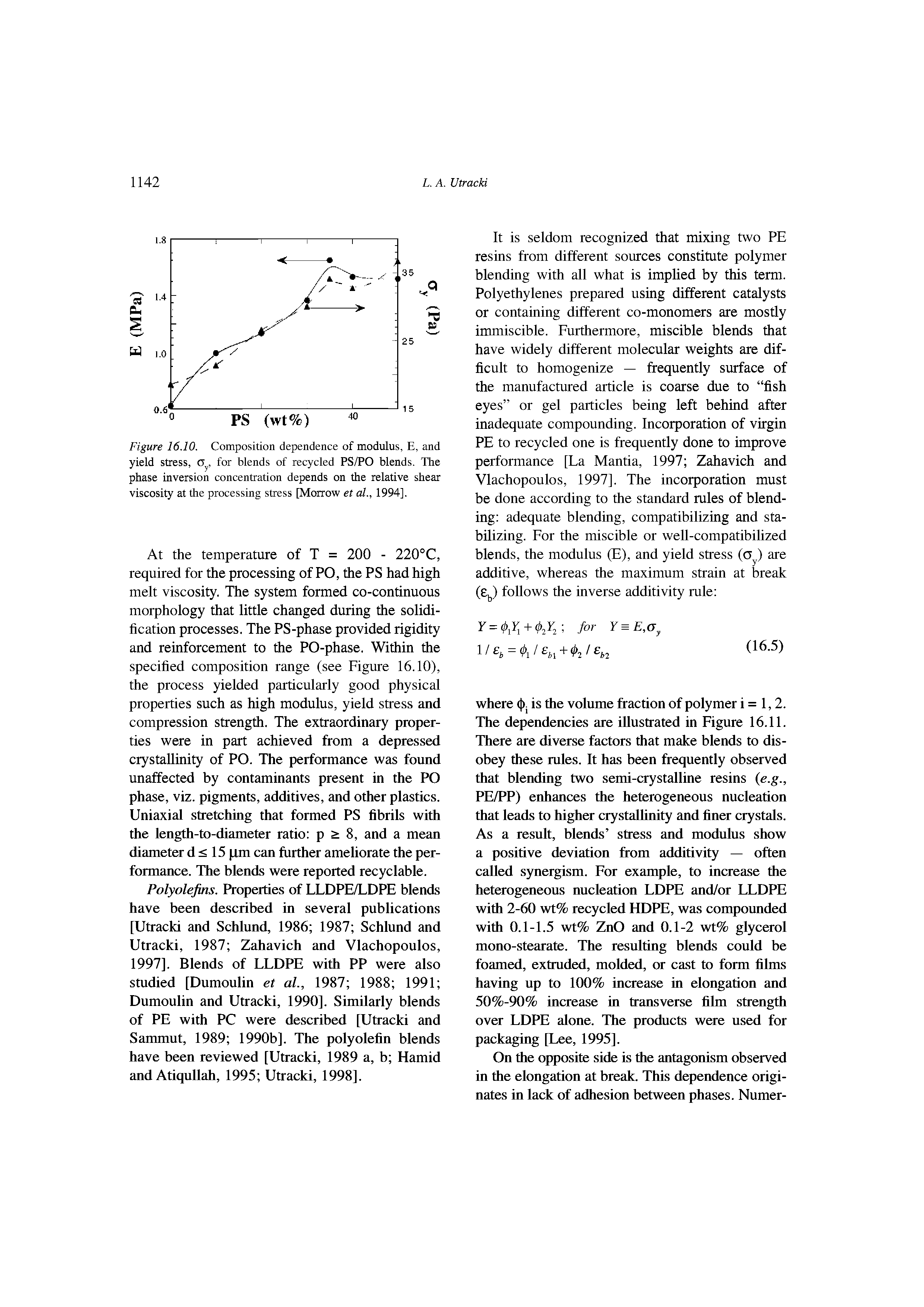 Figure 16.10. Composition dependence of modulus, E, and yield stress, o, for blends of recycled PS/PO blends. The phase inversion concentration depends on the relative shear viscosity at the processing stress [Morrow et al., 1994].