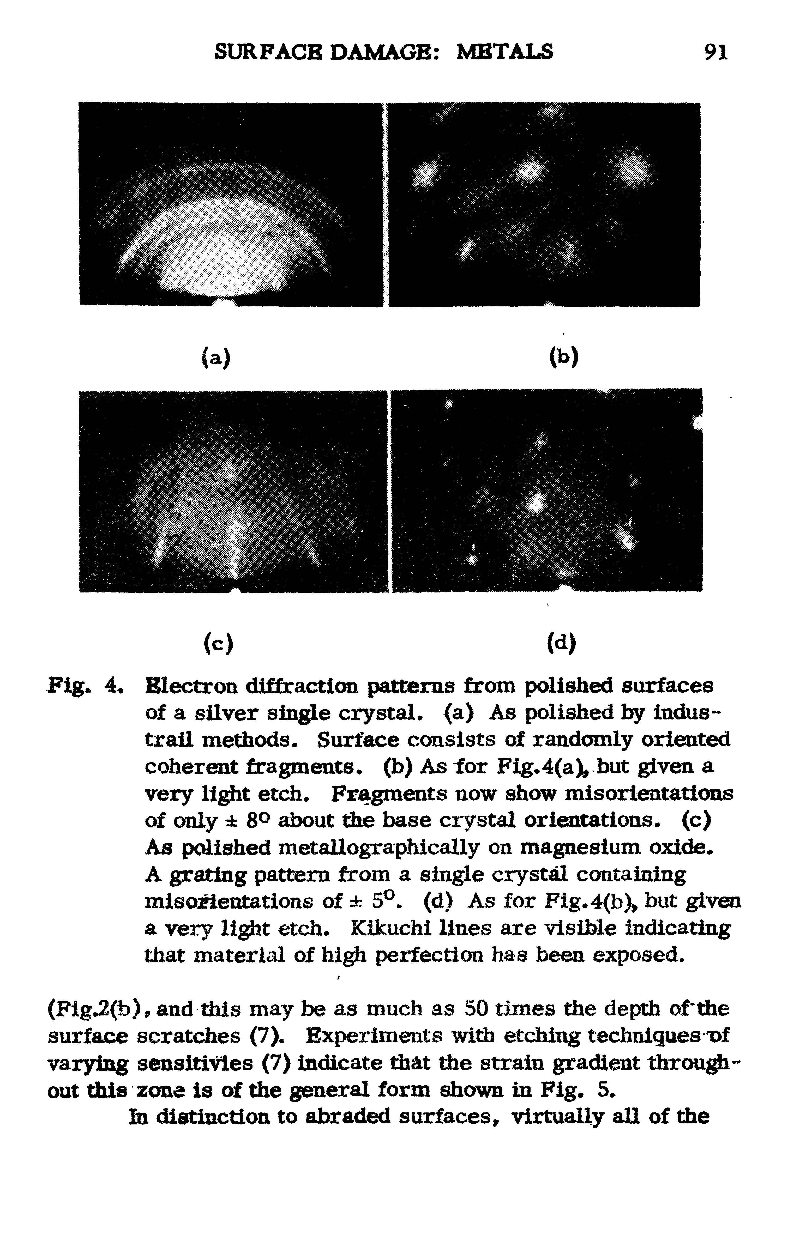 Fig. 4. Electron diffraction patterns from polished surfaces of a silver single crystal, (a) As polished by indus-trail methods. Surface consists of randomly oriented coherent fragments, (b) As for Fig.4(a), but given a very light etch. Fragments now show mis orientations of only 8° about the base crystal orientations, (c)...