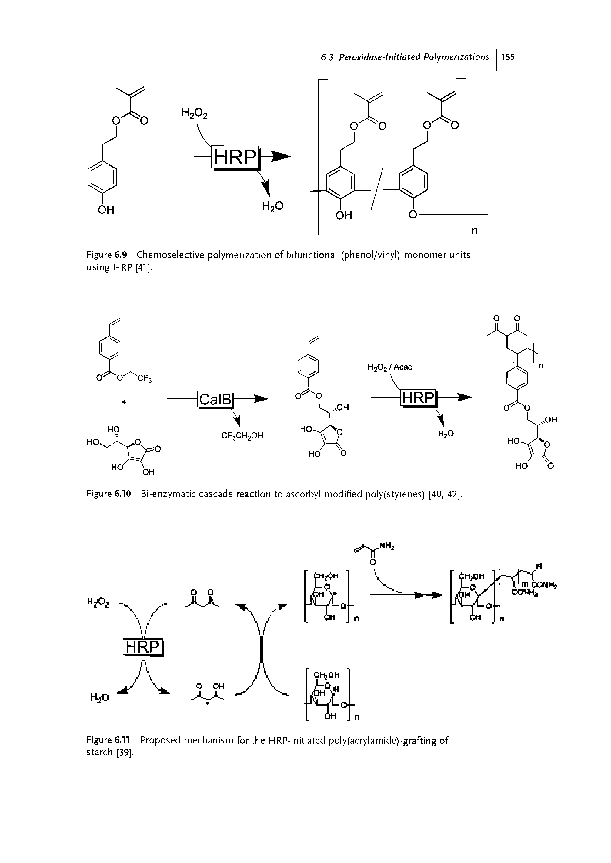 Figure 6.9 Chemoselective polymerization of bifunctional (phenol/vinyl) monomer units using HRP [41],...